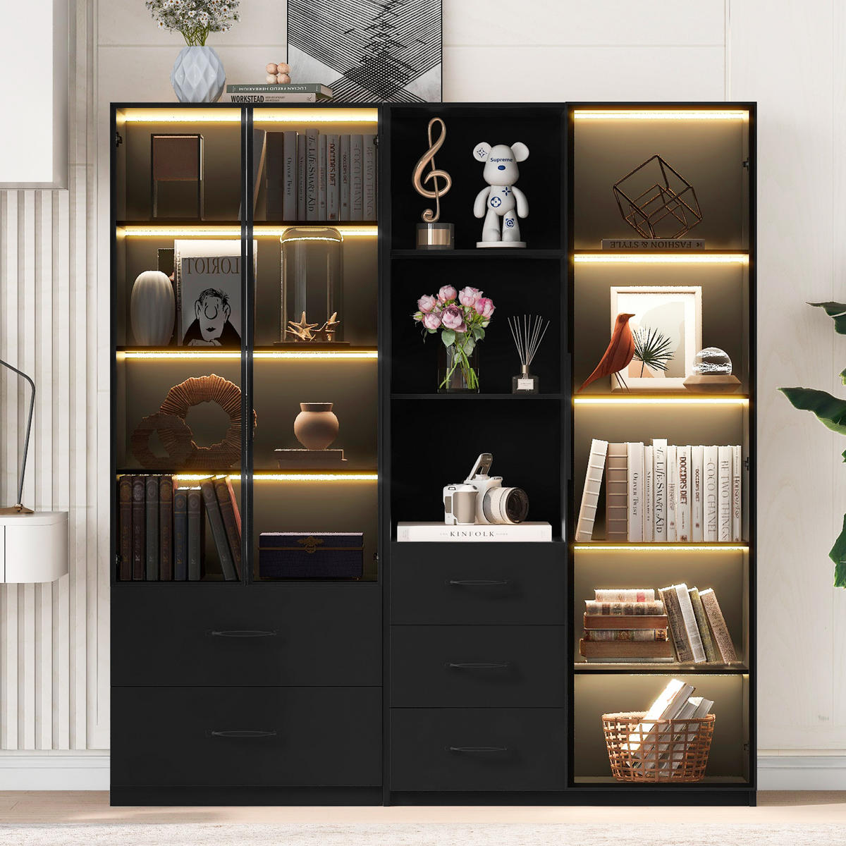 VITRINE 140cm Glas LED Bücherregal multifunktional modern - Schwarz, Holzwerkstoff (140/160/40cm) - FLIEKS