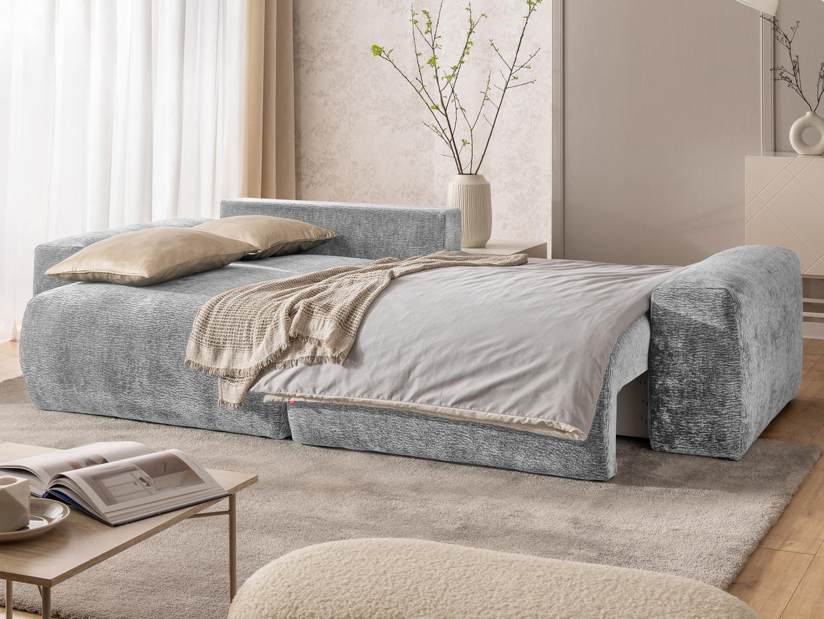 ECKSOFA Puffy mit Schlaffunktion und Bettkasten - besonders weich und puffig aus Hellgrau Stoff mit Chenillestruktur - Ottomane links - Hellgrau/Schwarz, Holz/Kunststoff (138/266cm) - S-Style Möbel