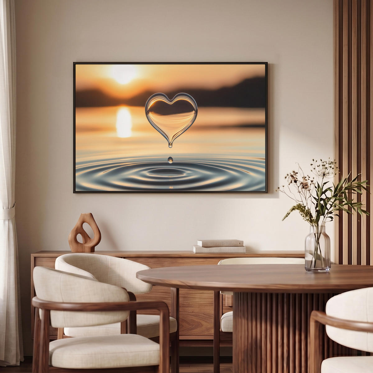 LEINWAND Bilder mit Rahmen - Herz - Wasser - Sonnenuntergang - Natur - Zen - 90x60 - Bernsteinfarben, Textil (90/60cm) - MuchoWow