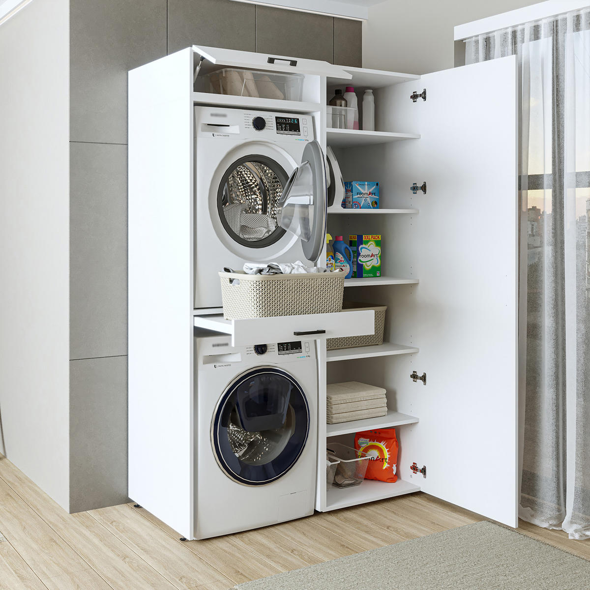 WASCHMASCHINENSCHRANK DUO-I 127cm Breit, 205cm Hoch - Weiß, Holzwerkstoff (127/205/67cm)