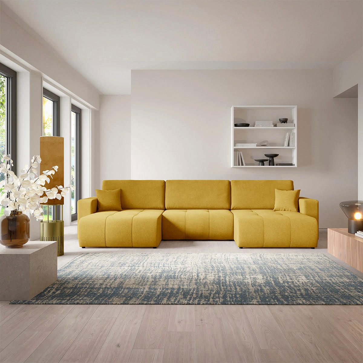 PANORAMASOFA Giulia 5 Sitzplätze Senfgelb - Gelb, Holz (344/82/149cm) - Petits-meubles
