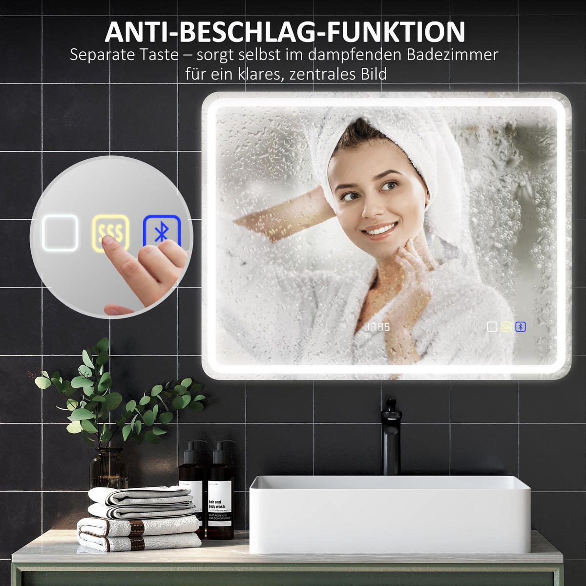 BADEZIMMERSPIEGEL mit LED-Beleuchtung, Anti-Beschlags-Pad, 3 verstellbare Farben - Silberfarben, Glas (3.5/70/90cm) - HOMCOM