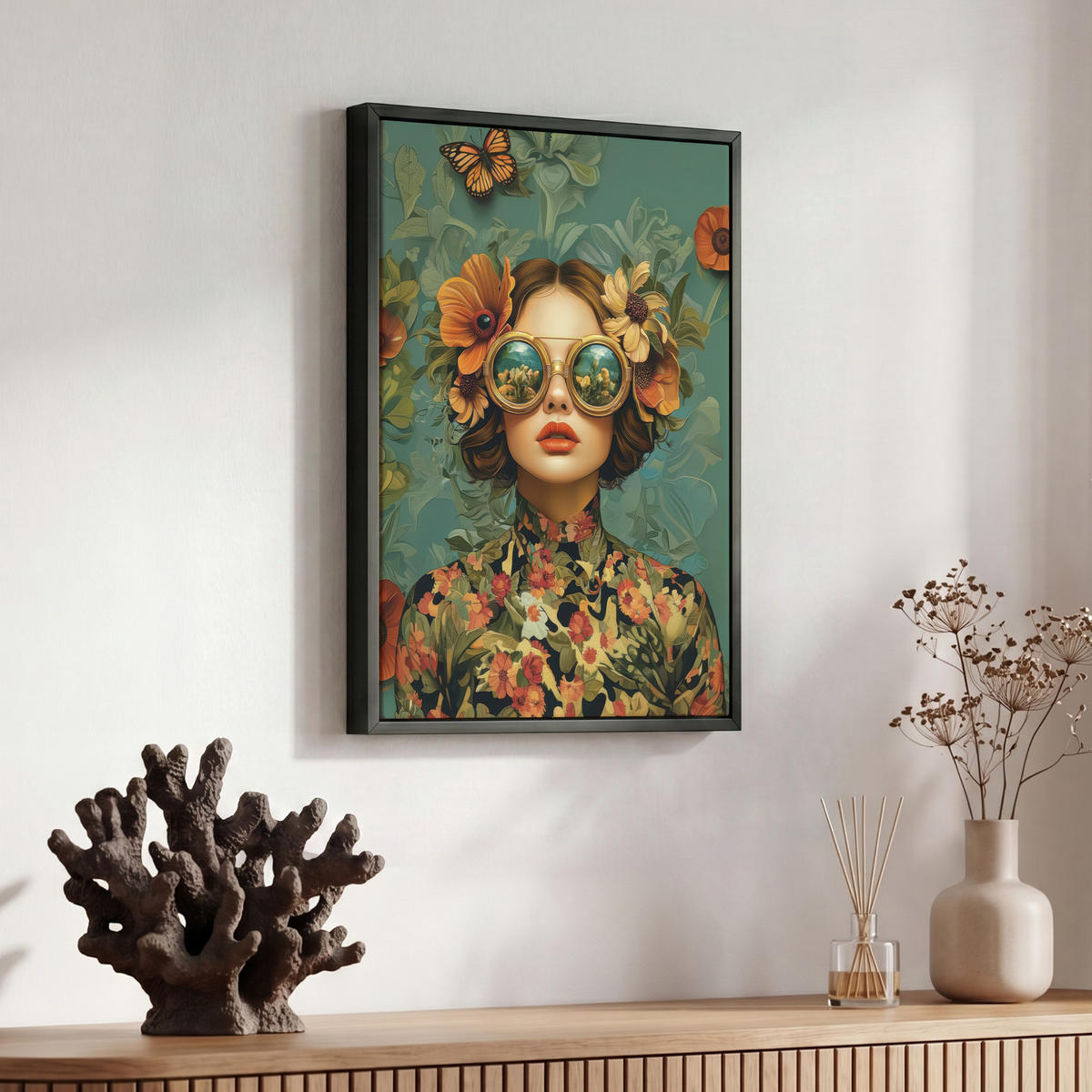 LEINWAND Bilder mit Rahmen - Frau - Blumen - Schmetterlinge - Natur - Vintage - 30x40 - Salbeigrün, Textil (30/40cm) - MuchoWow