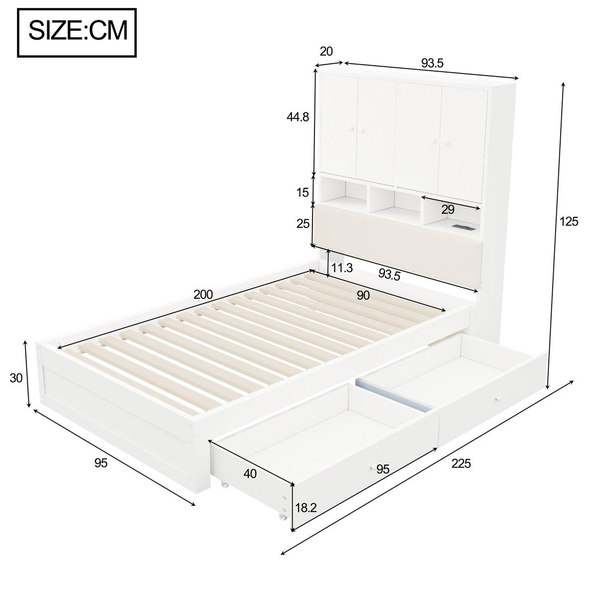 STAURAUMBETT 90/200 cm mit Stauraum, LED und 2 Schubladen, DE-41627, in Weiß - Weiß, Holzwerkstoff (90/200cm) - ComfortXL