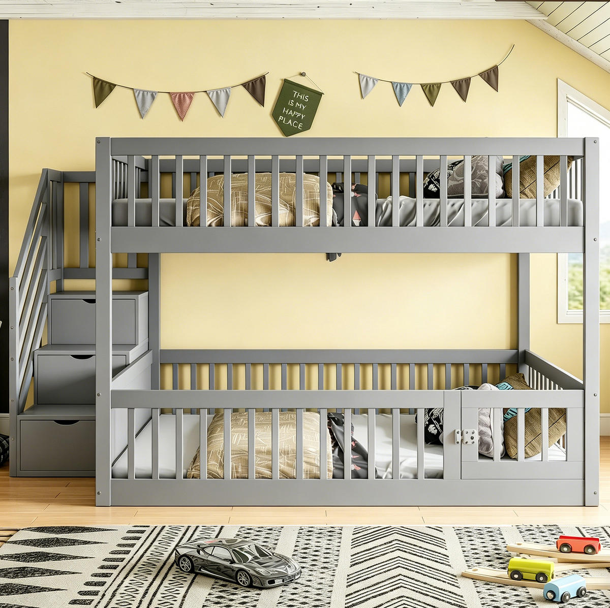 ETAGENBETT 140/200 cm mit Stauraumtreppe, Schubladen und Tür, Grau - Grau, Holzwerkstoff (140/200cm) - Redom