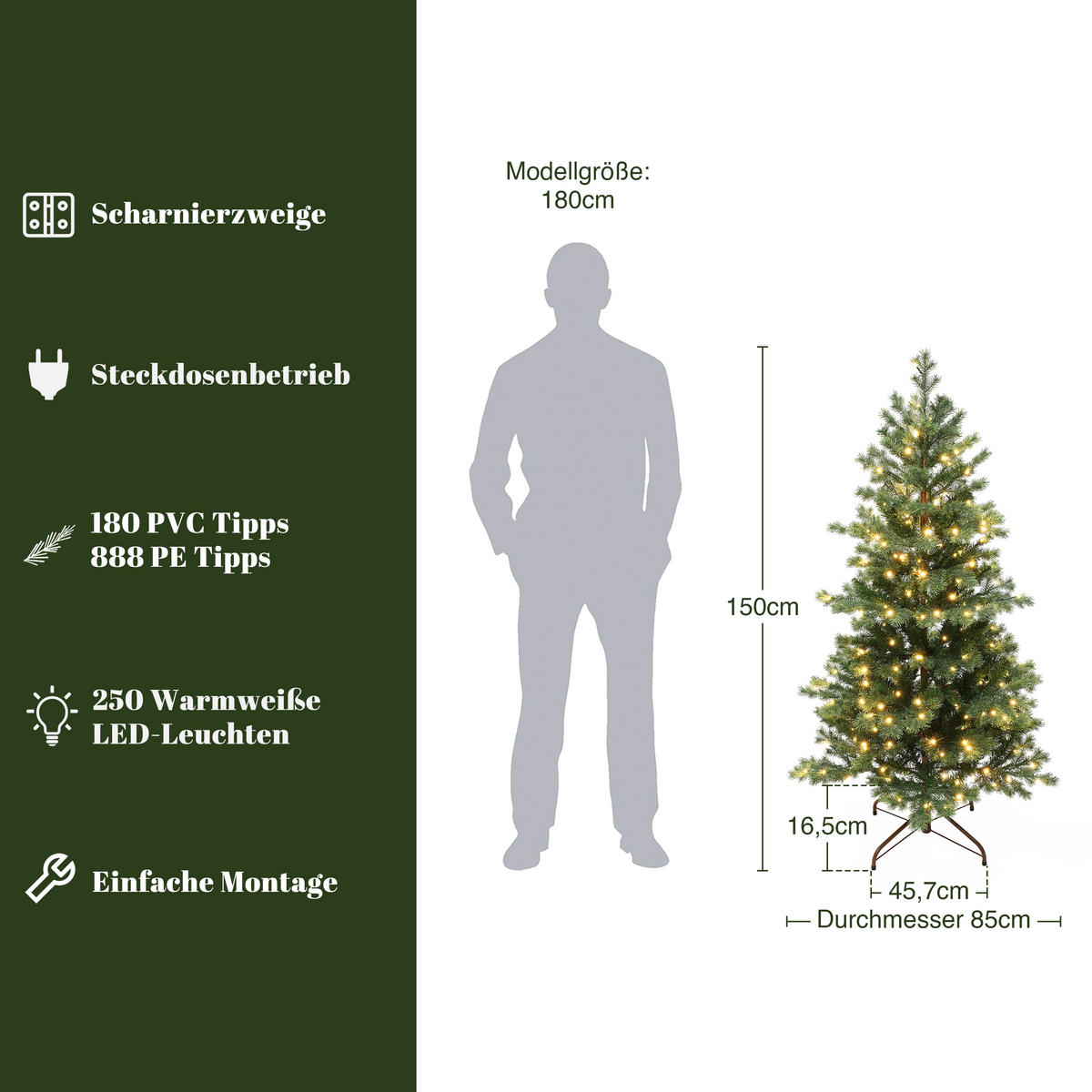 WEIHNACHTSBAUM 150 cm mit Beleuchtung, 1.068 PE-/PVC-Spitzen，250 LEDs - Grün, Kunststoff (150cm) - Hometopia