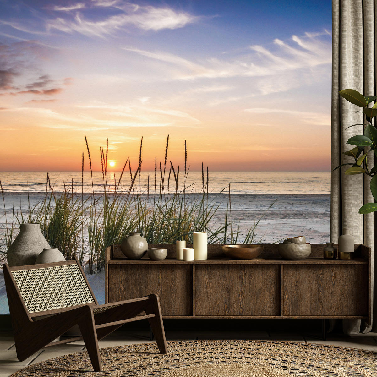 FOTOTAPETE für Wohnzimmer Landschaft Meer Strand Dünen Sonnenuntergang 200x140 - Beige/Violett, Papier (200/140cm) - Muralo