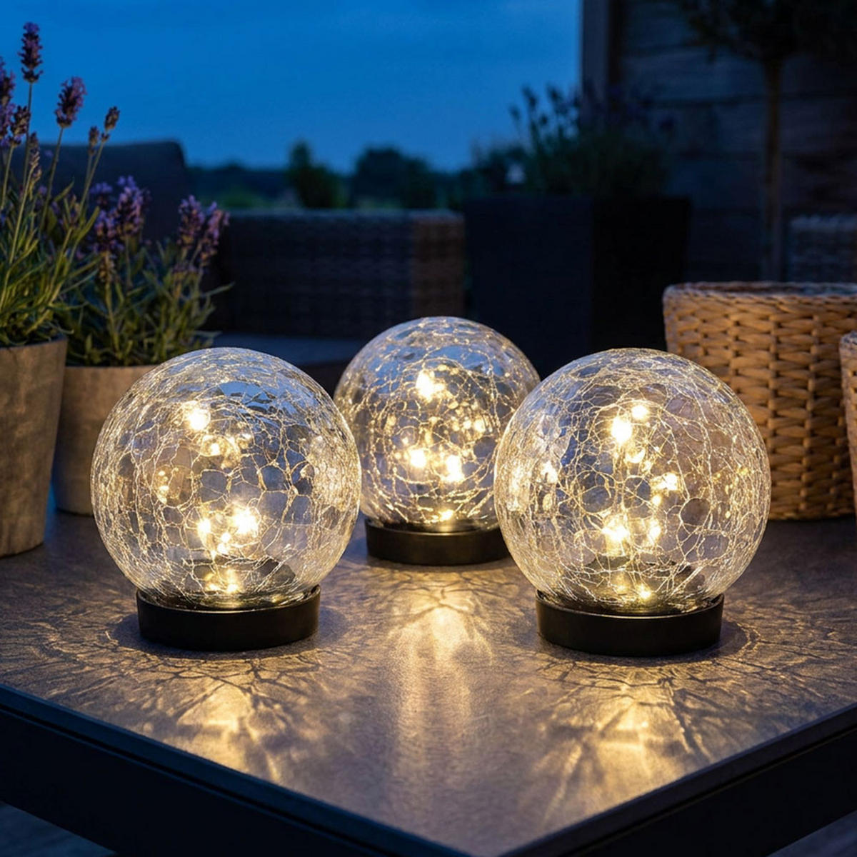 SOLARLEUCHTE LED Kugel Glas Klar Bruchglasoptik 3er Set - Klar, Glas (12/12/12cm)