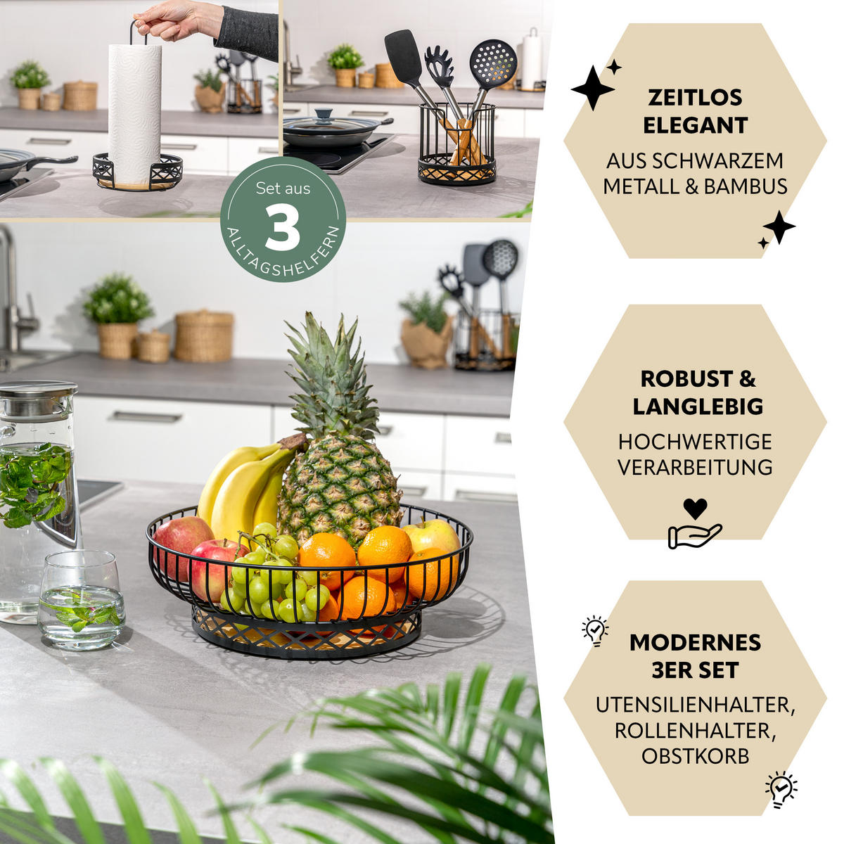 KÜCHENUTENSILIEN 3er Set, Metall, Bambus, schwarz - Schwarz, Metall (33.5/10.5/33.5cm) - bremermann