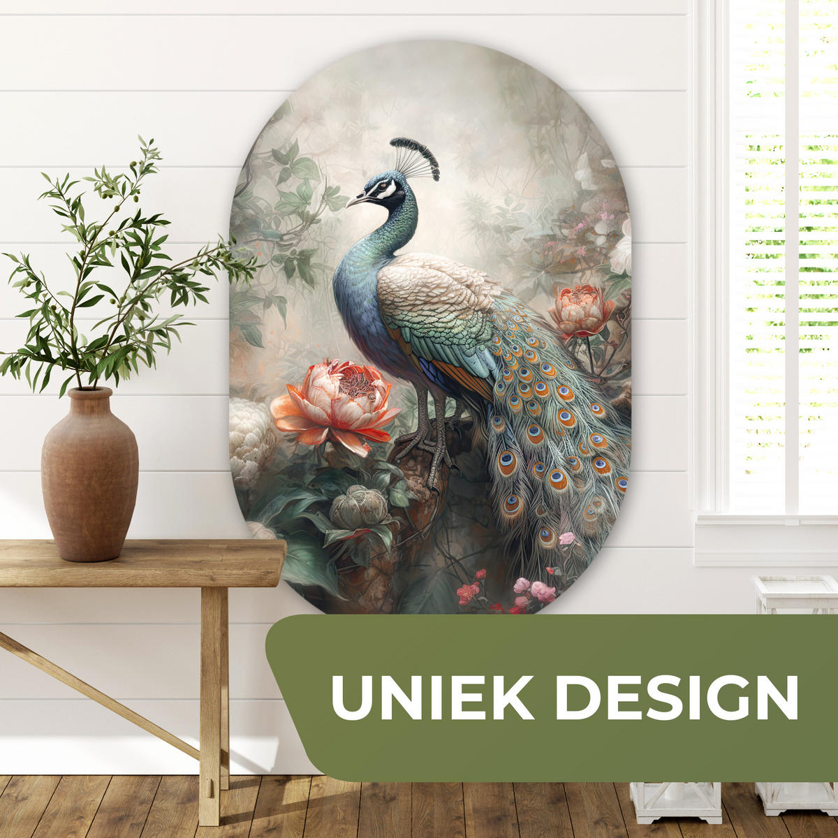 WANDBILD Pfau - Pfauenfedern - Vogel - Dschungel - Blumen Deko Groß 80x120 cm - Smaragdgrün, Kunststoff (80/120cm) - MuchoWow