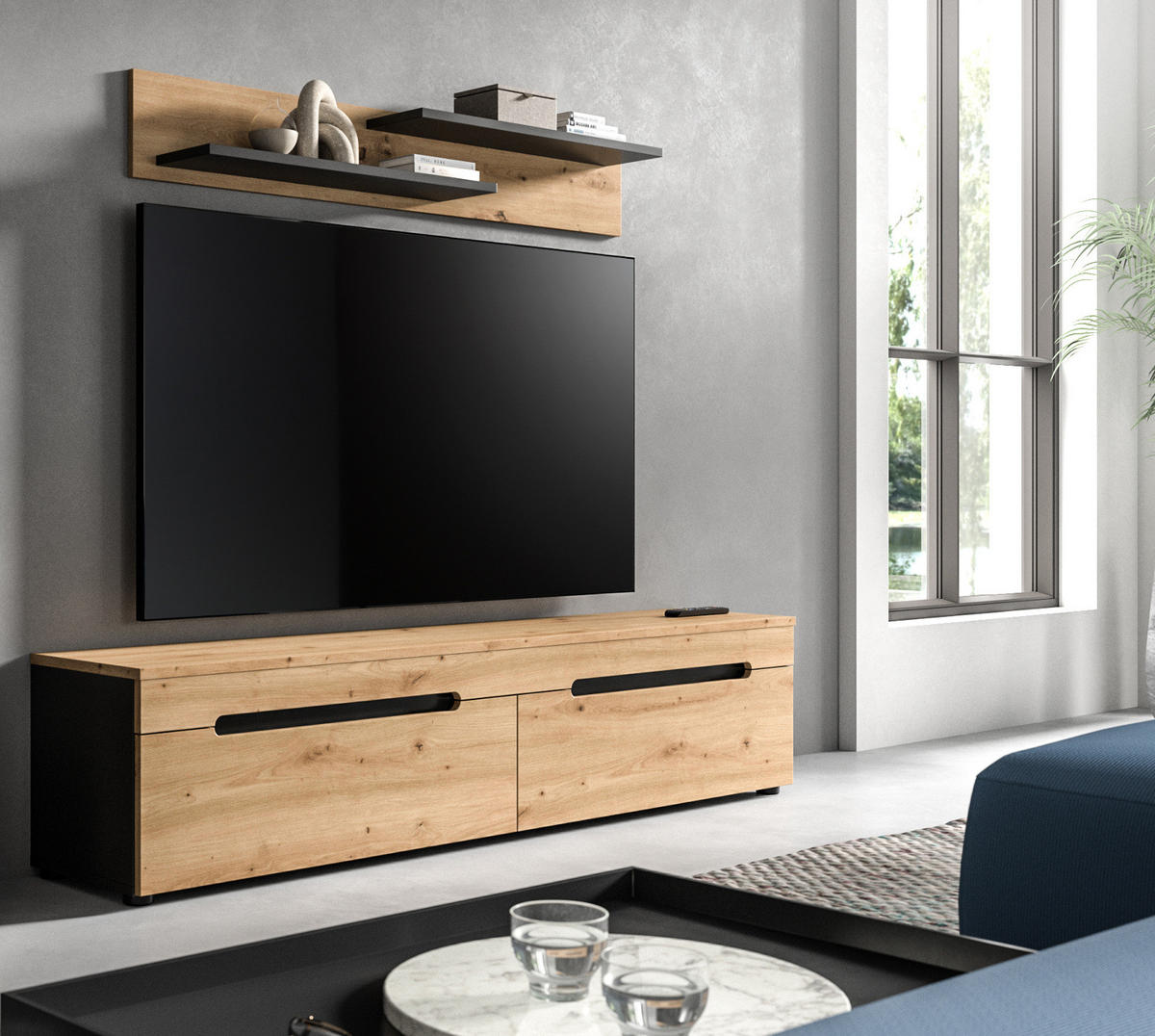 WOHNKOMBINATION Eiche Artisan, grau, 2er Set Lowboard 170 cm und Wandboard, Cooper - Schwarz/Eiche Artisan, Holzwerkstoff/Kunststoff (170/180/33cm) - Inn.Furn