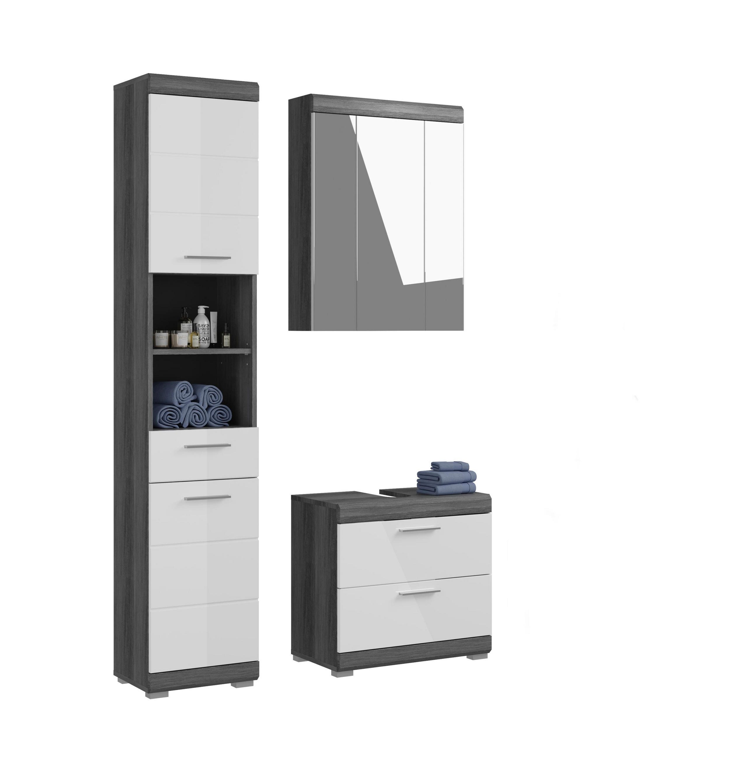 BADKOMBINATION 3tlg. Scout Bad in Rauchsilber Nachbildung und weiß hochglanz B/H/T: 112x191x34 cm - Anthrazit, Holz (112/191/37cm)