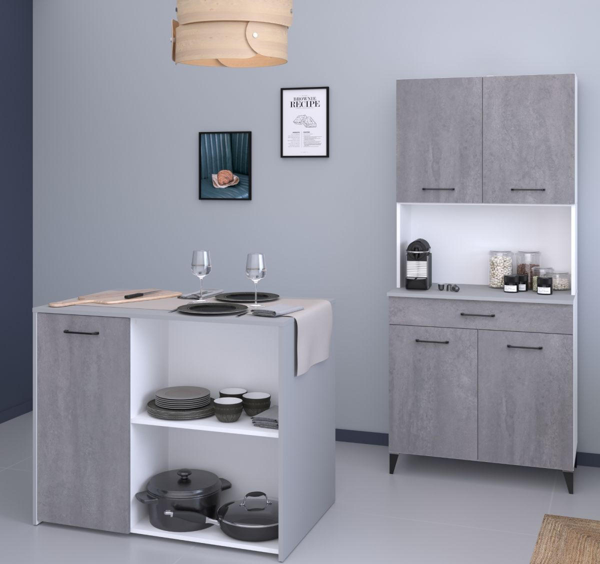 MINIKÜCHE grau, weiß, Set 2-teilig mit Buffet, Kücheninsel - Weiß/Grau, Holzwerkstoff (183/180/65cm) - Parisot Meuble