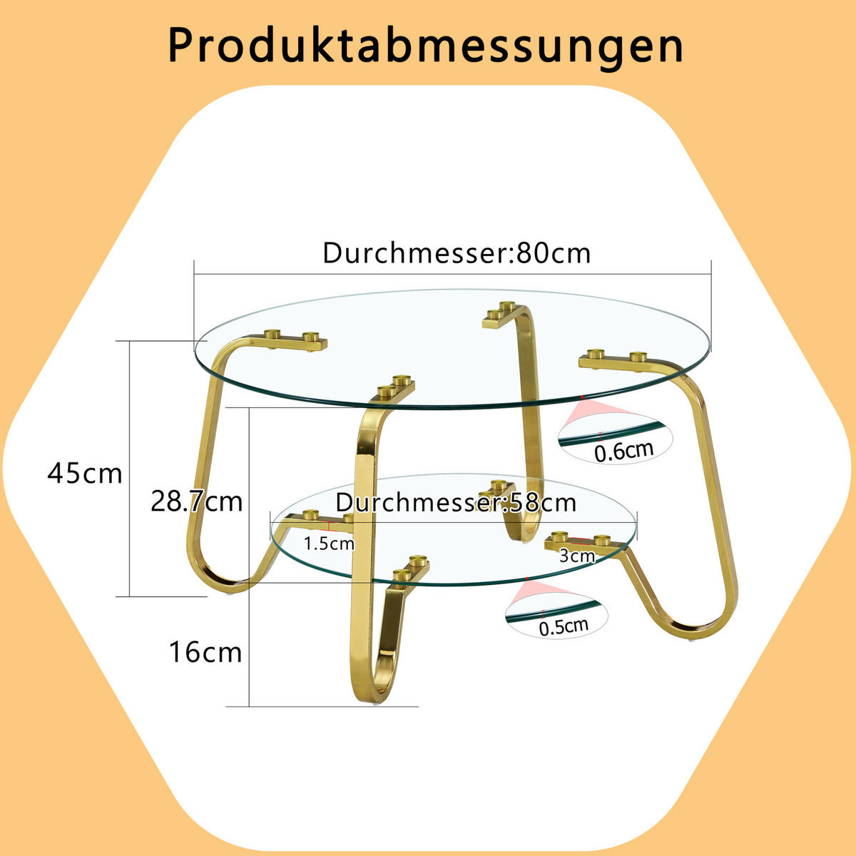 COUCHTISCH aus Metall und Sicherheitsglas in Gold mit 2 Ebenen - Goldfarben, Metall (80/80/45cm) - Modfu