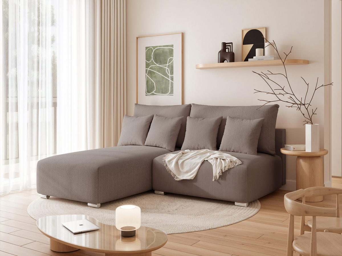 ECKSOFA ELVO mit Schlaffunktion und Bettkasten Dunkelbeige - Taupe, Holzwerkstoff/Kunststoff (208/190cm) - Idohome
