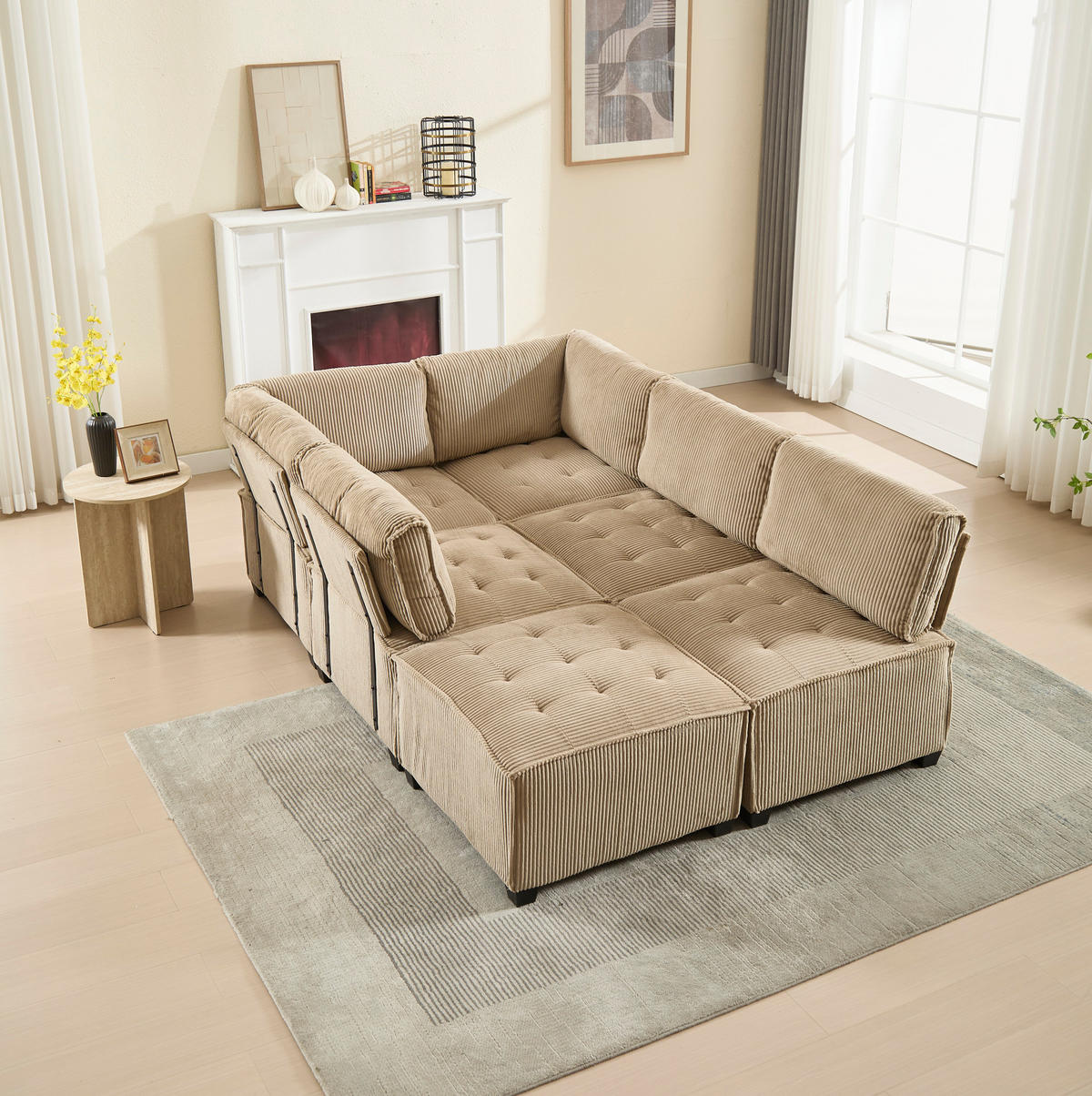 SOFA modular 6-Sitzer 308 x 154 cm Cord Khaki - Braun, Kunststoff (154/82/308cm) - Meubliv