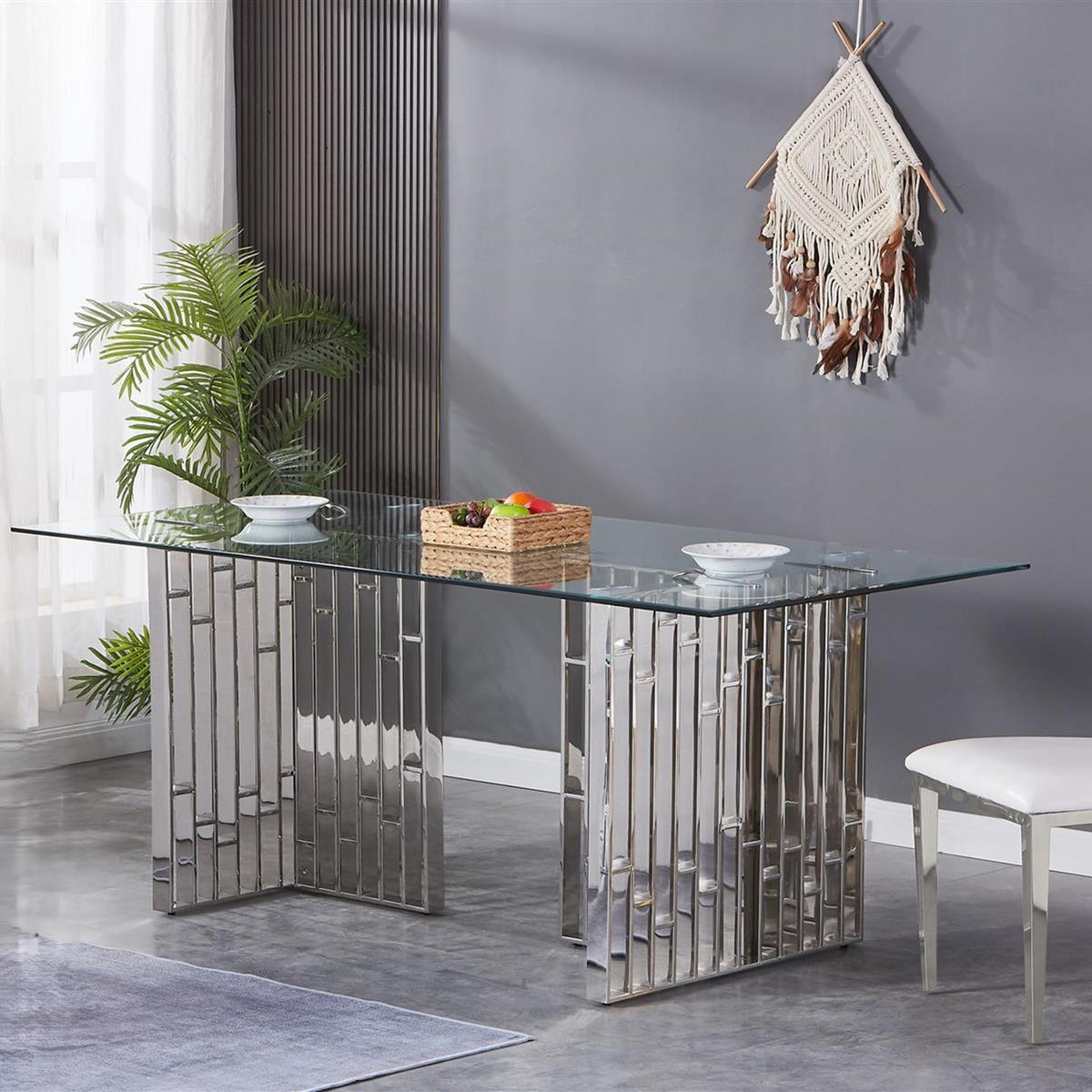 ESSTISCH Klarglas 160 × 90 cm Edelstahlgestell geometrisch Chrom - Silberfarben, Glas/Metall (90/160/75cm) - HOOZ