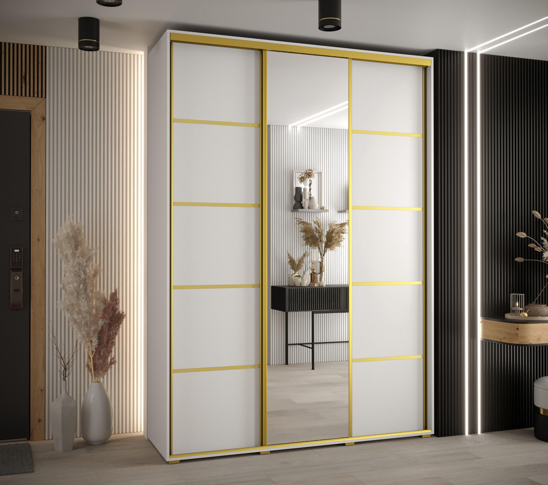 SCHWEBETÜRENSCHRANK 235,2/180/60 3-türig - Goldfarben/Weiß, Holz/Metall (180/235/60cm) - Abiks Möbel
