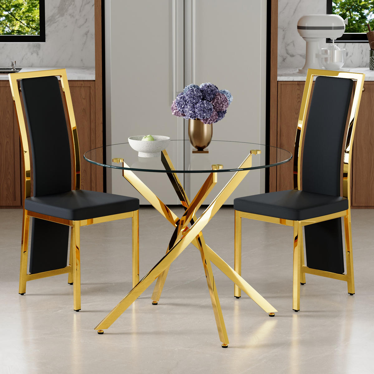 ESSGRUPPE DE-39460 3-teilig, Glastisch und 2 Stühlen mit Goldkante Schwarz - Schwarz, Metall (88/75/88cm) - ComfortXL