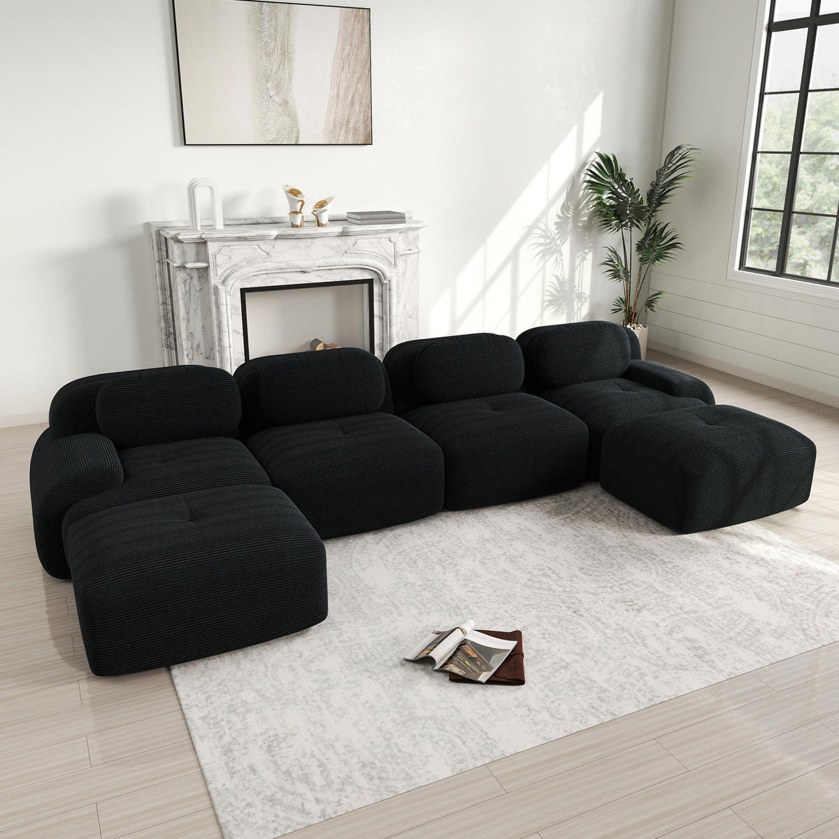 ECKSOFA modular rahmenlos Cord Black - Schwarz, Textil (178/75/388cm) - Meubliv