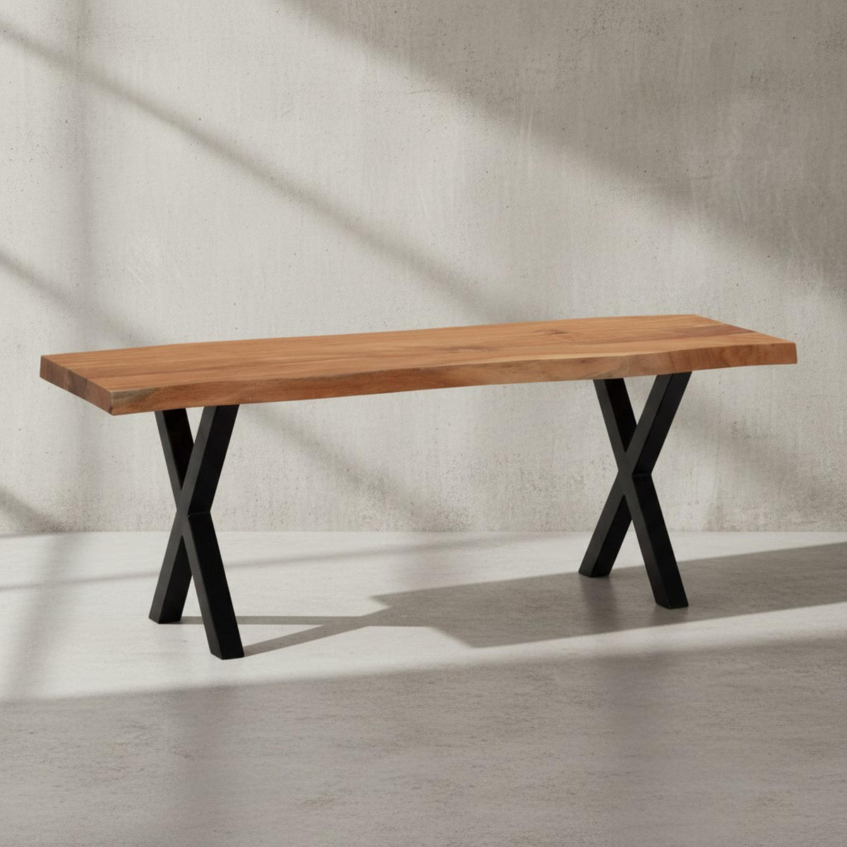 SITZBANK – Akazie/Massivholz/Metall, 120x40x45,5 cm, Baumkante, ohne Lehne - Schwarz/Braun, Holz/Metall (120/46/40cm) - KADIMA DESIGN