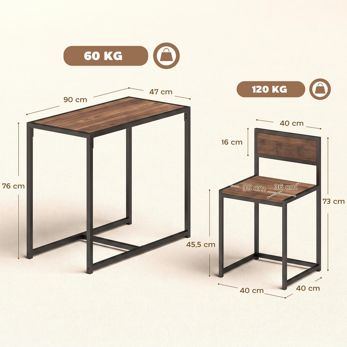 3-TLG. Essgruppe, Küchentisch, Esstisch mit 2 Stühlen, Esstisch Set für Küche - Naturfarben, Kunststoff (47/76/90cm) - HOMCOM