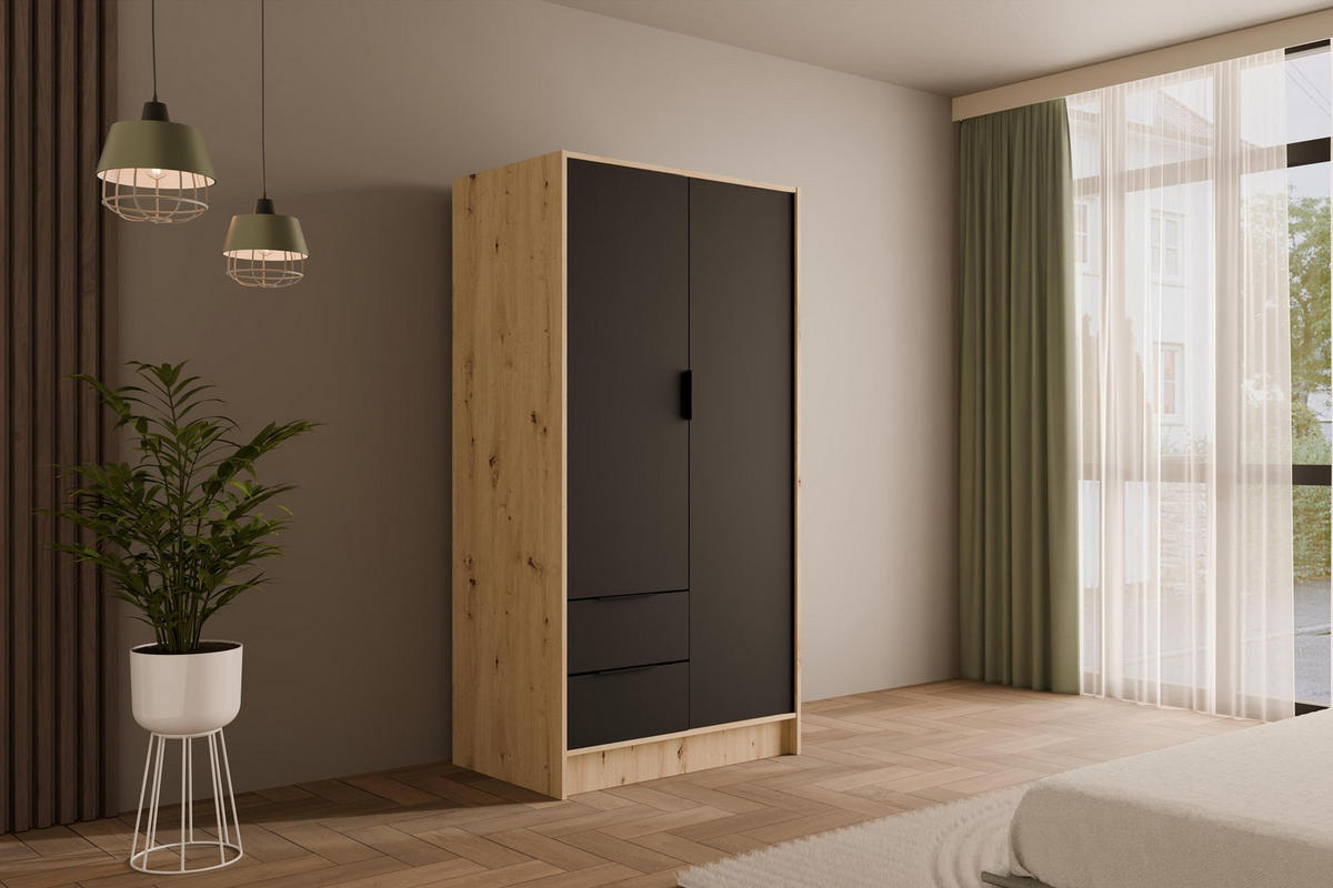 KLEIDERSCHRANK mit Flügeltüren KOLIN 100x200cm Artisan / Schwarz - Schwarz/Eiche Artisan, Holzwerkstoff (102/200/51cm) - ALTDECOR