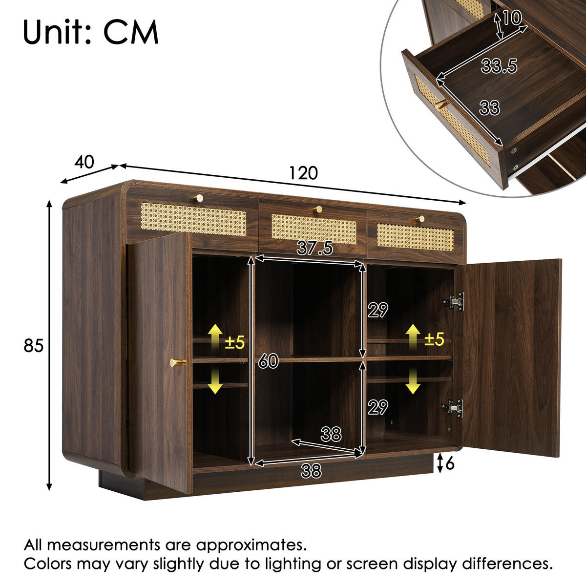SIDEBOARD Nussbaum, Rattanfronten, Goldgriffe 3 Schubladen, 2 Schränke, Höhenverstellbare Einlegeböden - Walnussfarben, Holzwerkstoff (120/85/40cm) - Urban Meuble