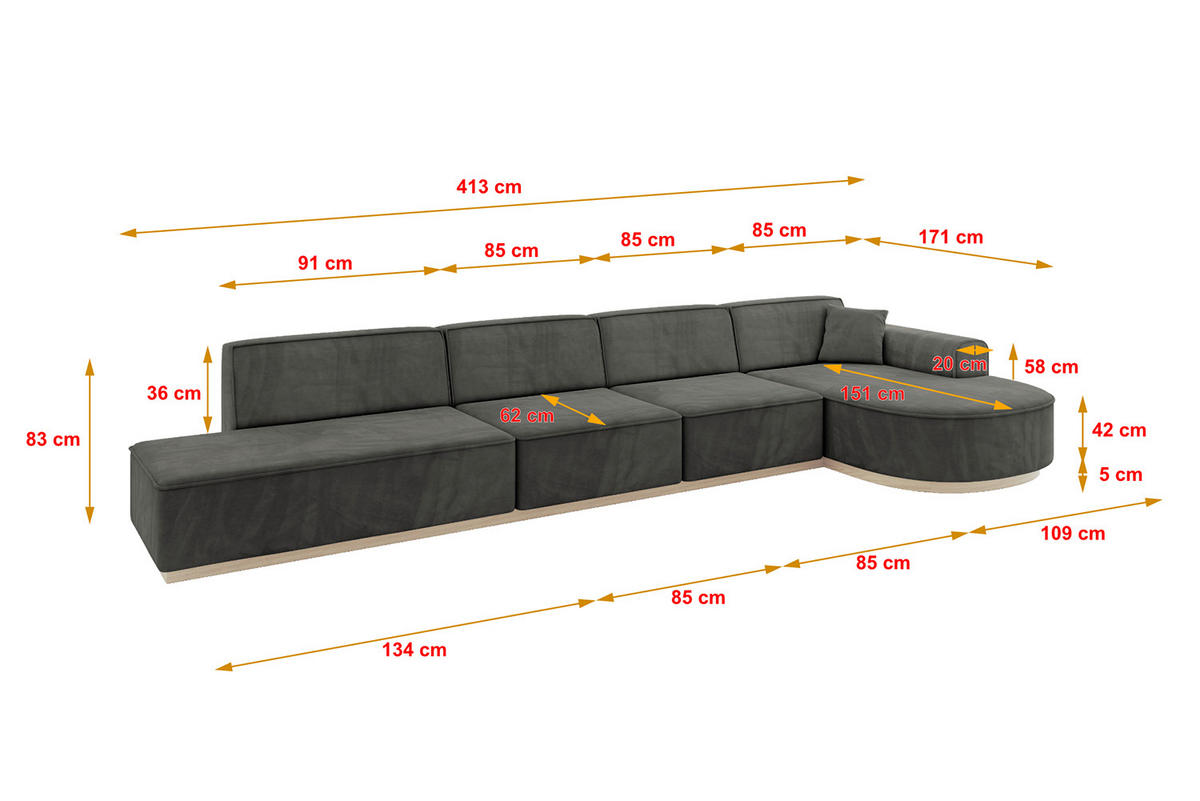 ECKSOFA Ottomane Rechts ARRIO-L3 - 413x171x83 cm Dunkelgrau - Dunkelgrau, Holzwerkstoff/Textil (413/171cm) - ALTDECOR