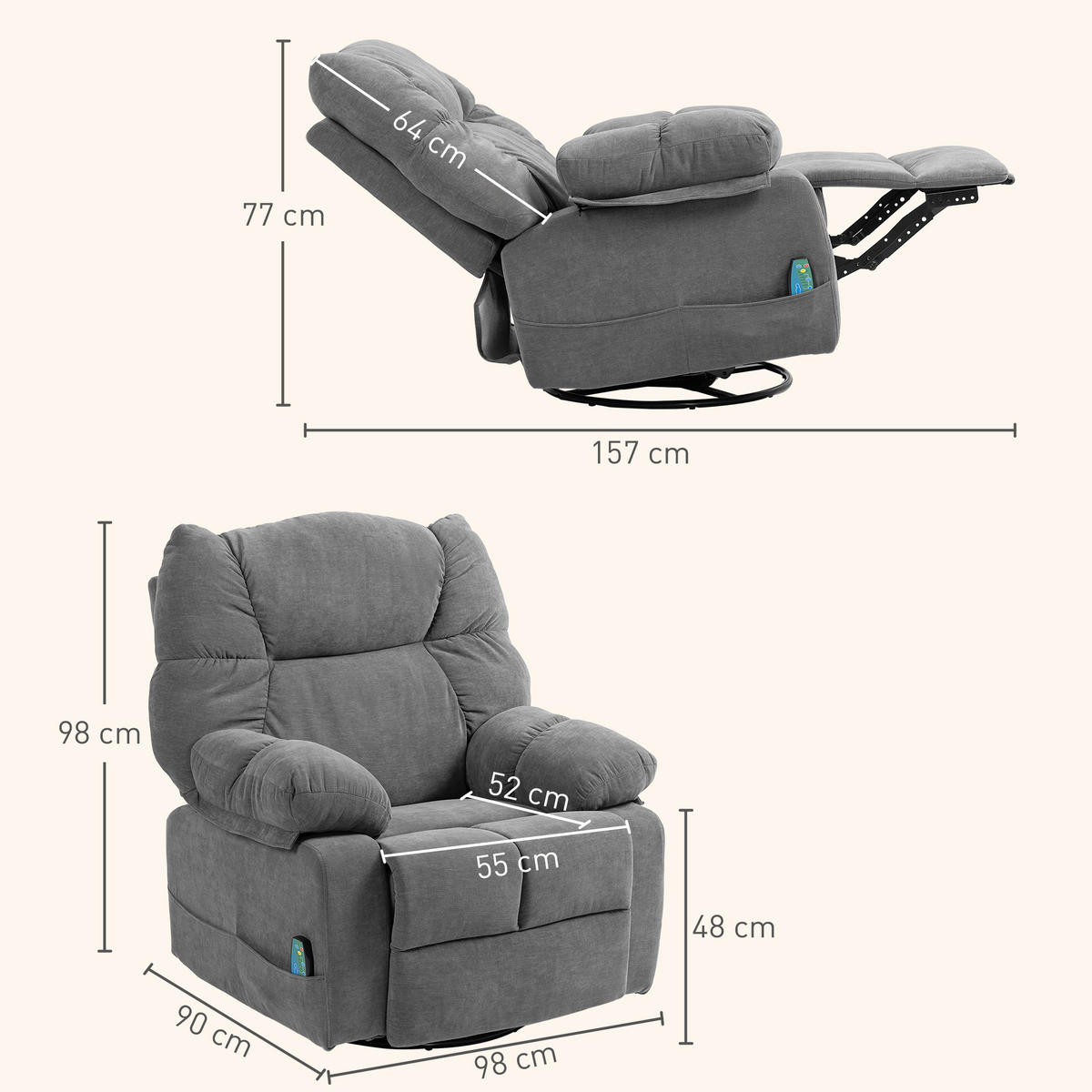 RELAXSESSEL mit Massagefunktion Drehbarer Massagesessel Fernbedienung Dunkelgrau - Dunkelgrau/Schwarz, Textil/Metall (90/98/98cm) - HOMCOM