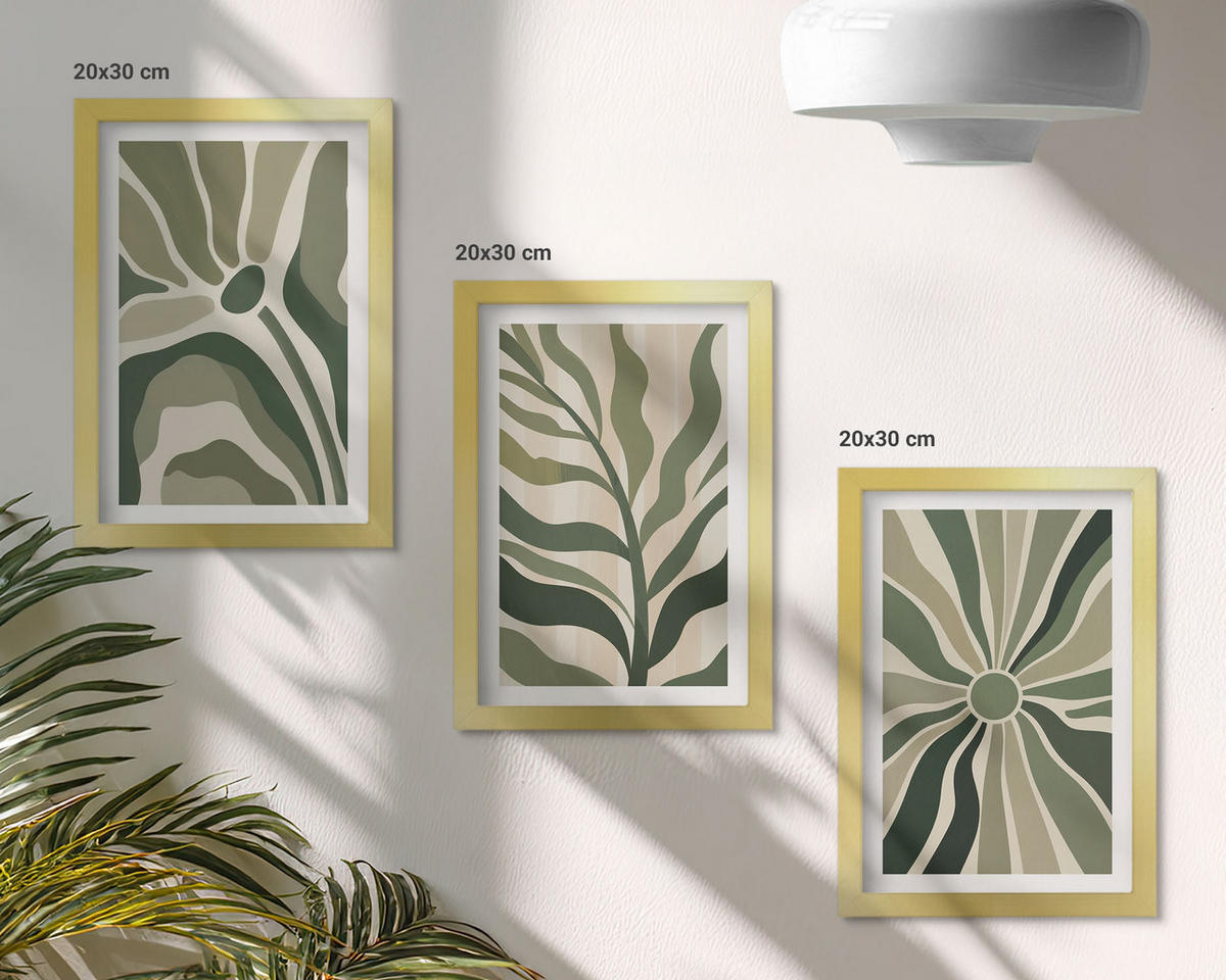 WANDBILDER 3er Set - 20x30 cm Goldrahmen - Grüne und beige Pflanzenmuster - Goldfarben, Kunststoff (20/30cm) - ArtPrintCave
