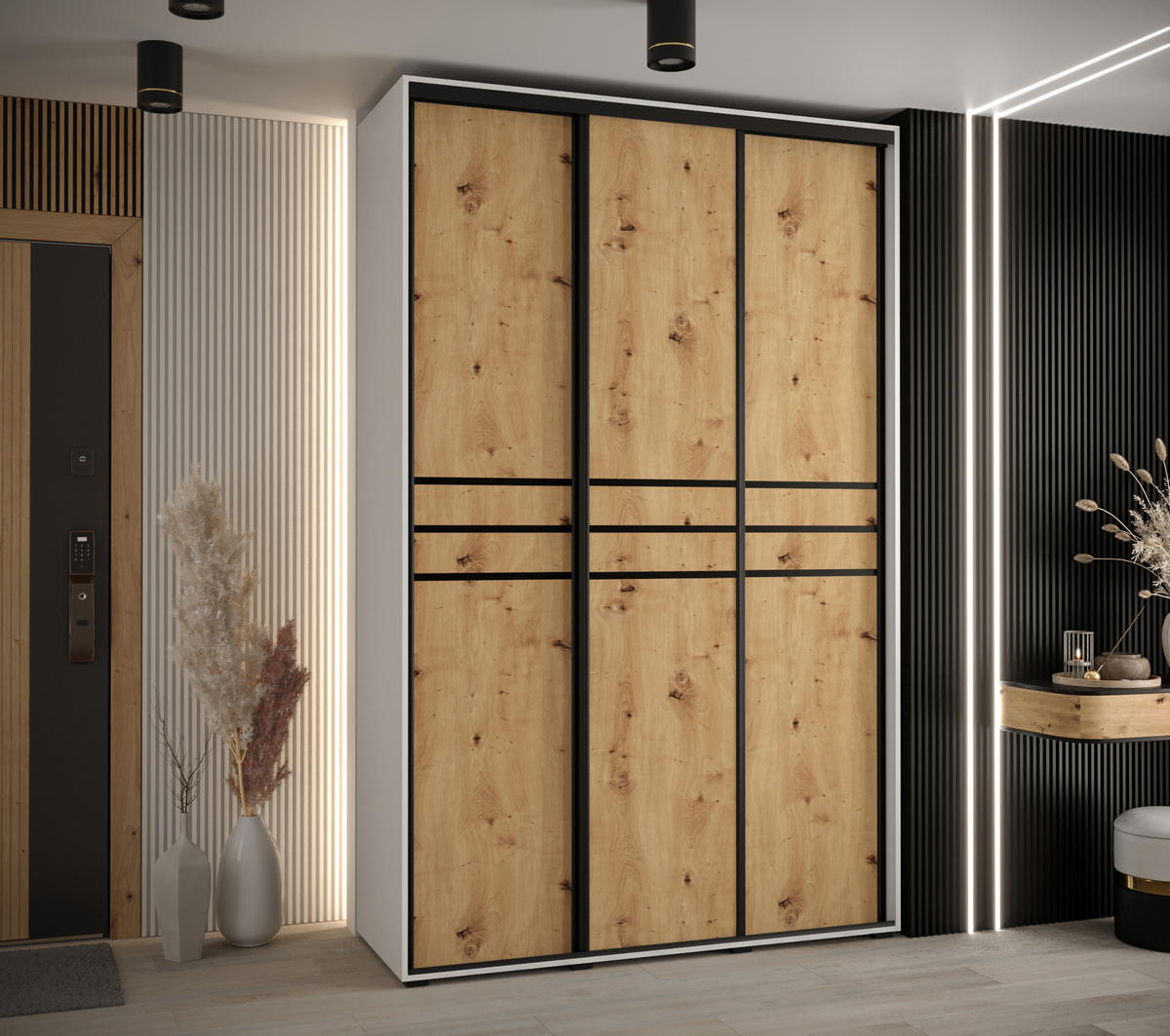 SCHWEBETÜRENSCHRANK 235,2/160/45 3-türig - Schwarz/Eiche Artisan, Holz/Metall (160/235/45cm) - Abiks Möbel
