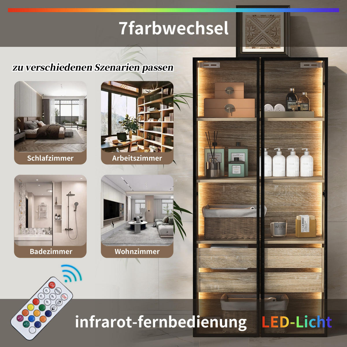 HOCHSCHRANK,BADEZIMMERSCHRANK mit LED Beleuchtung,Schubladen und Glastür - Naturfarben, Holz (74/155/36cm) - PARAFTA HOME
