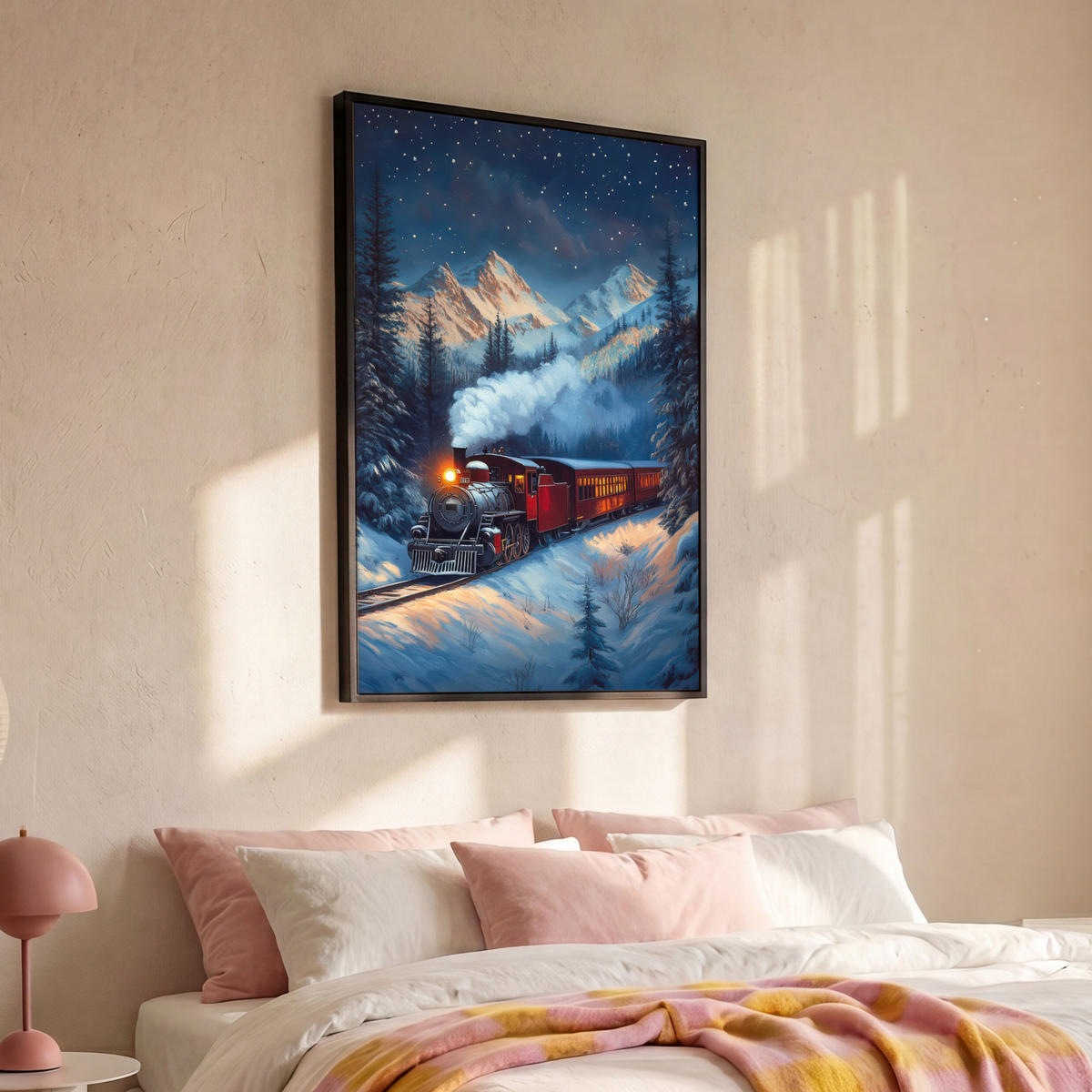 LEINWAND Bilder mit Rahmen - Zug - Weihnachten - Schnee - Weihnachtszug - 80x120 - Anthrazit, Textil (80/120cm) - MuchoWow