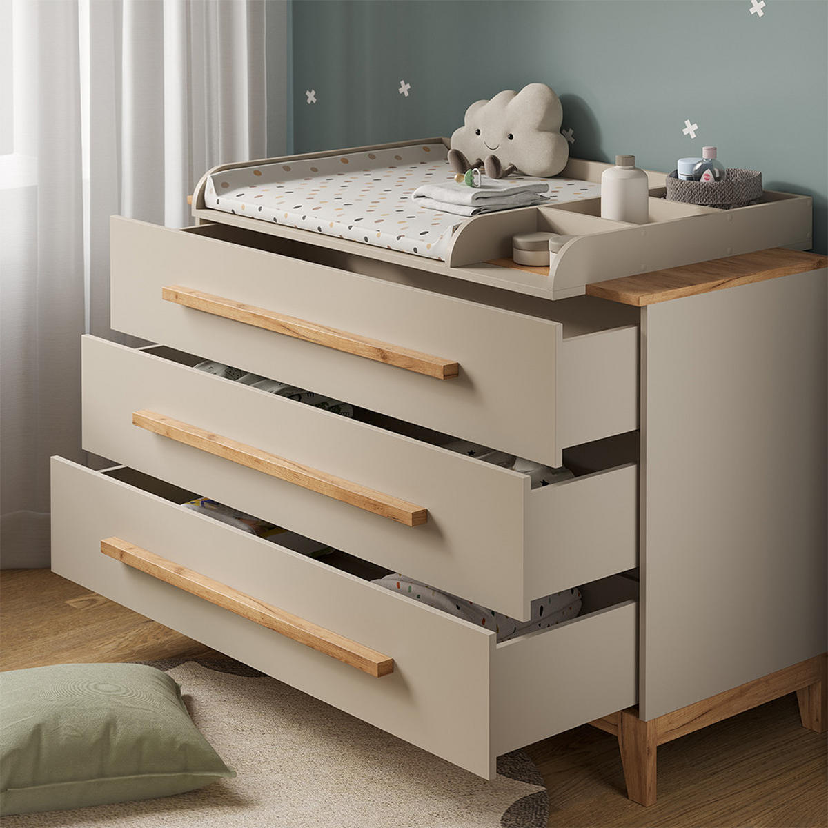 WICKELKOMMODE Malia Cashmere/Eiche 133.2 x 98 cm mit 3 Schubladen - Kaschmir/Hellgrau, Holzwerkstoff (133.2/98/70cm) - VitaliSpa