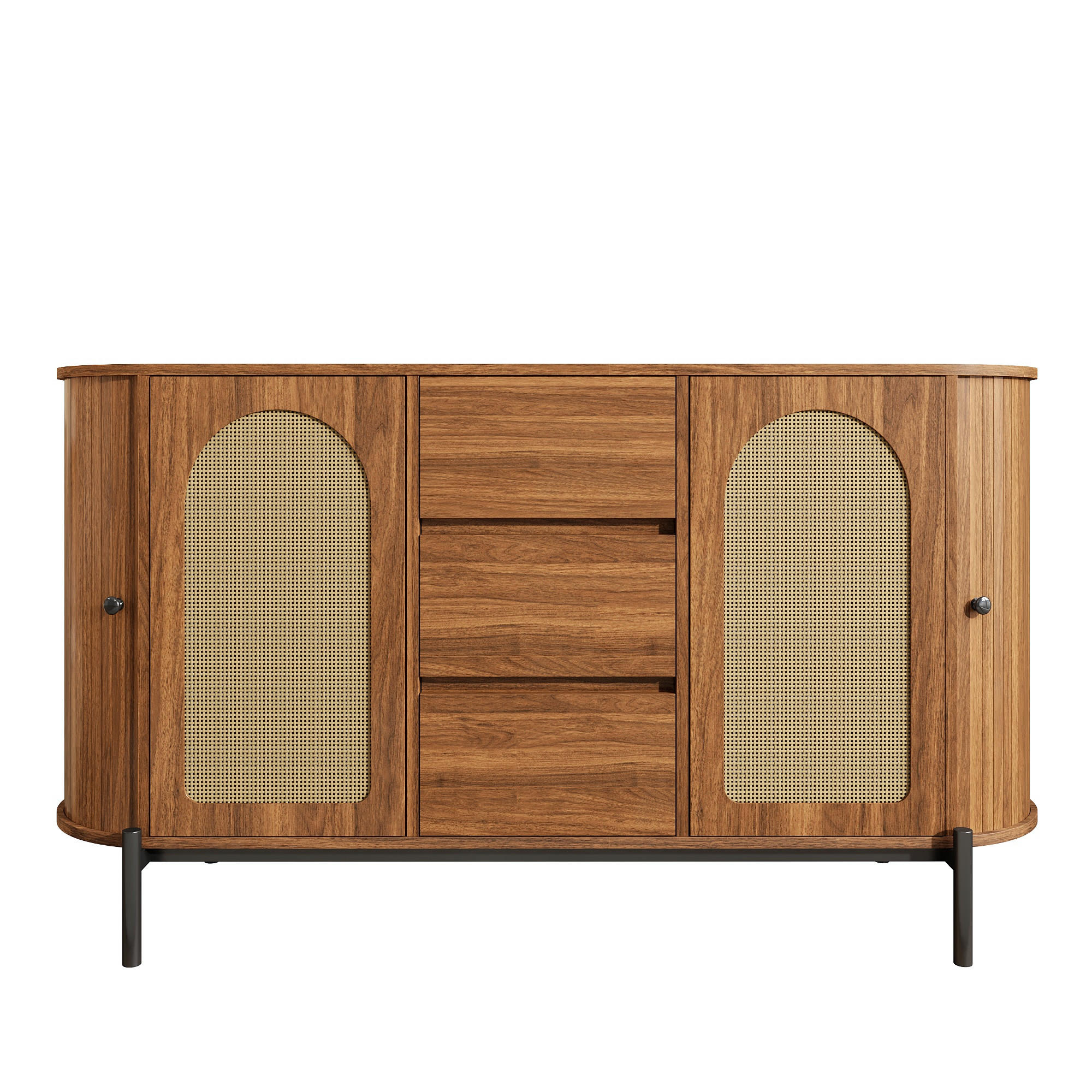 SIDEBOARD in Holzoptik mit Rattan, ovale Form und verstellbaren Fächern - Walnussfarben, Holzwerkstoff (140/77.5/38cm) - Urban Meuble