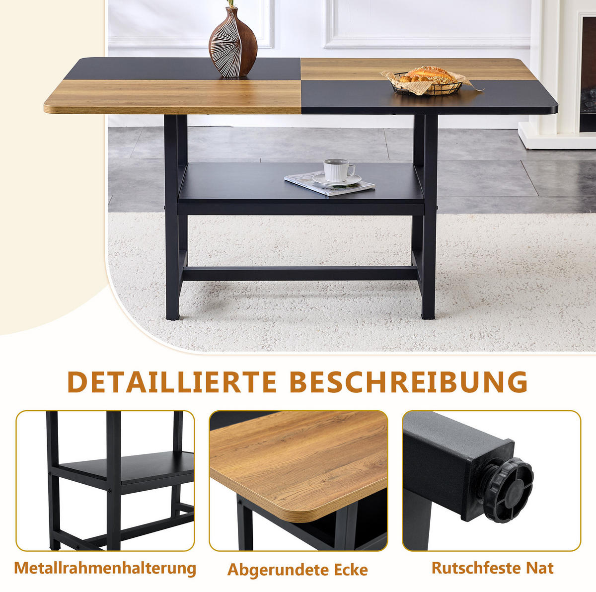 ESSTISCH aus MDF und Metall 160x90x76 cm Braun/Schwarz mit Ablagefach im Industriedesign - Schwarz, Holzwerkstoff (160/90/76cm) - Modfu
