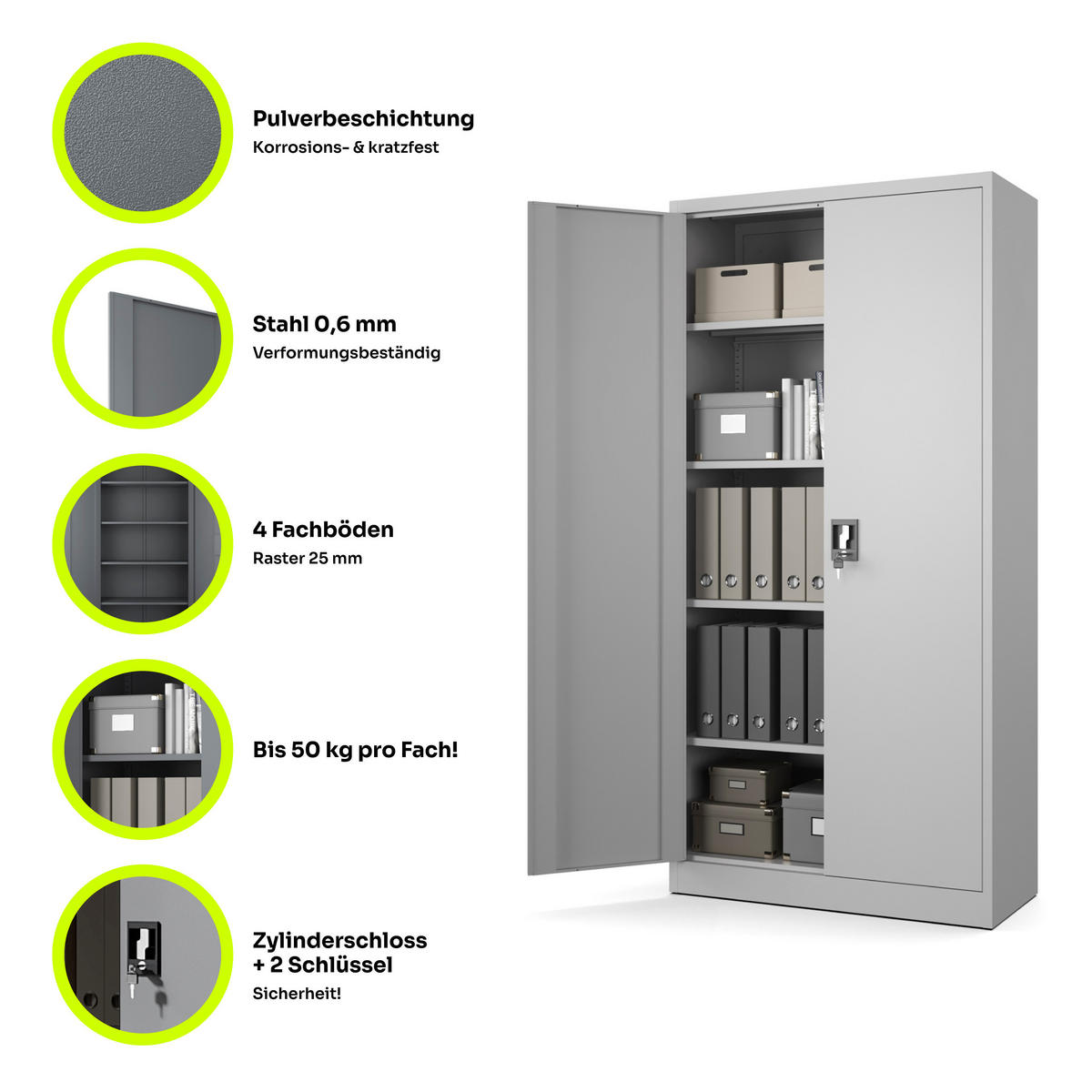 AKTENSCHRANK für Büro Metallschrank für Dokumente und Ordner Stahlschrank Hellgrau abschließbar 90x40x185cm - Hellgrau, Metall (90/185/40cm) - Muralo