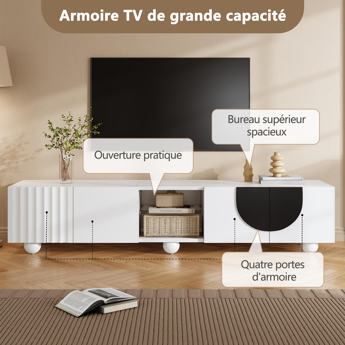 TV Lowboard 180x40x41,5 cm, modern, Weiß - Weiß, Holz (180/41/40cm)
