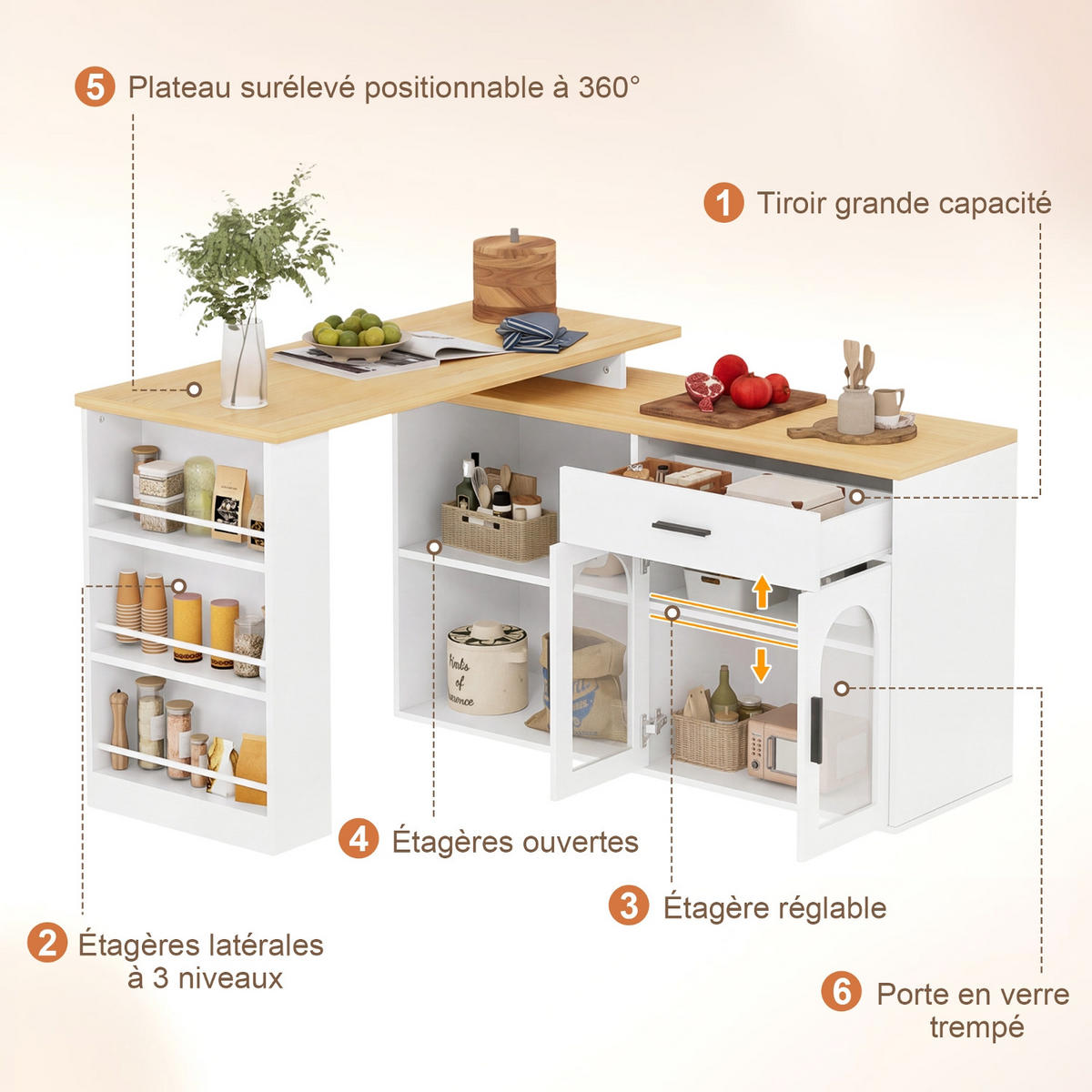KÜCHENINSEL Mit 360° Drehtisch, TISCHPLATTE, Bartisch Mit Schublade Und Regalen, 136/50/78 Cm - Weiß, Holzwerkstoff (50/78/136cm) - Rolipo