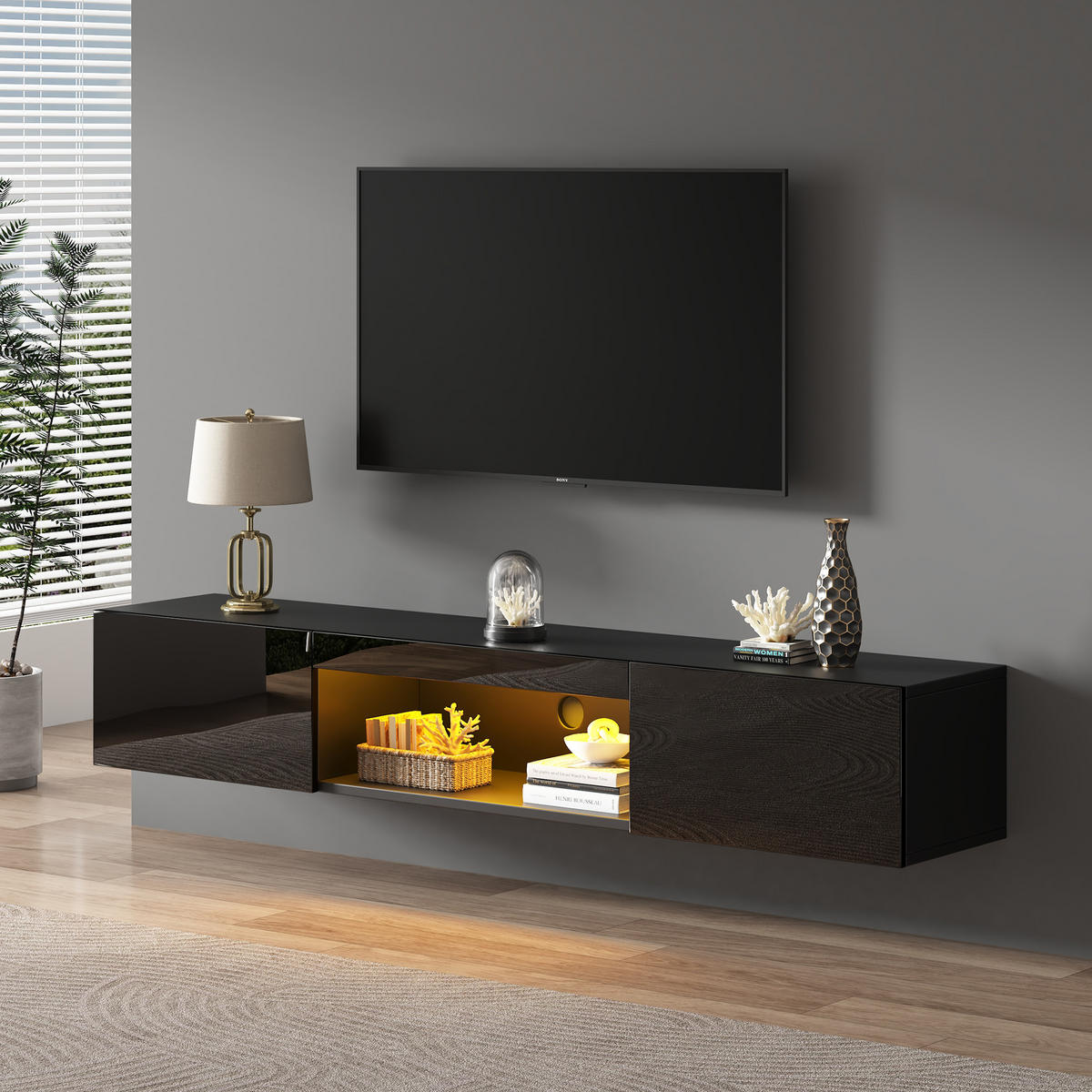 TV-SCHRANK 160/31/22 cm Schwarz Hochglanz mit LED und 2 Türen - Schwarz, Holzwerkstoff (160/22/31cm) - Oxeza