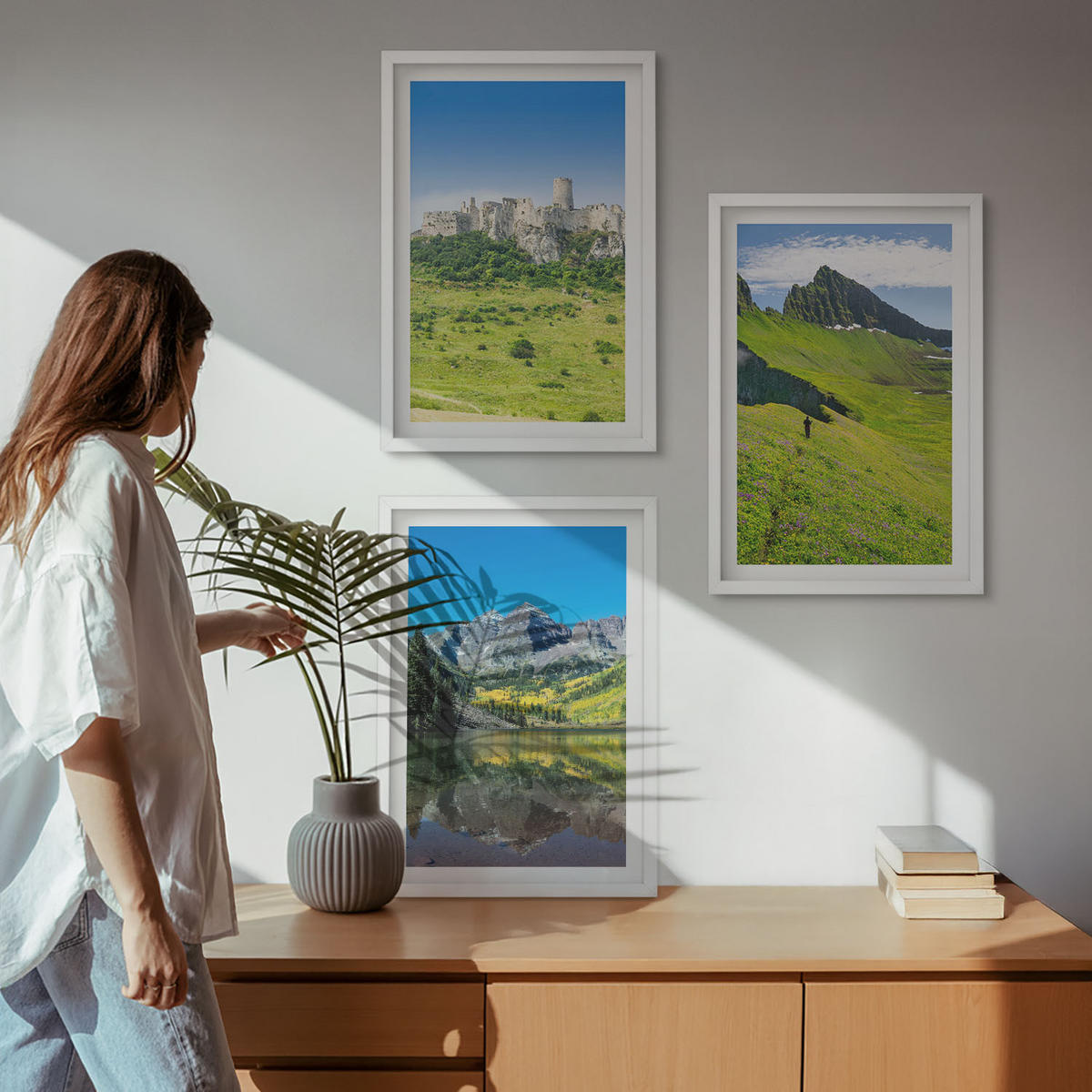 WANDBILDER 3er-Set - 40x60 cm Weißer Rahmen - Grüne Hügel mit einer Burg - Weiß, Kunststoff (40/60cm) - ArtPrintCave