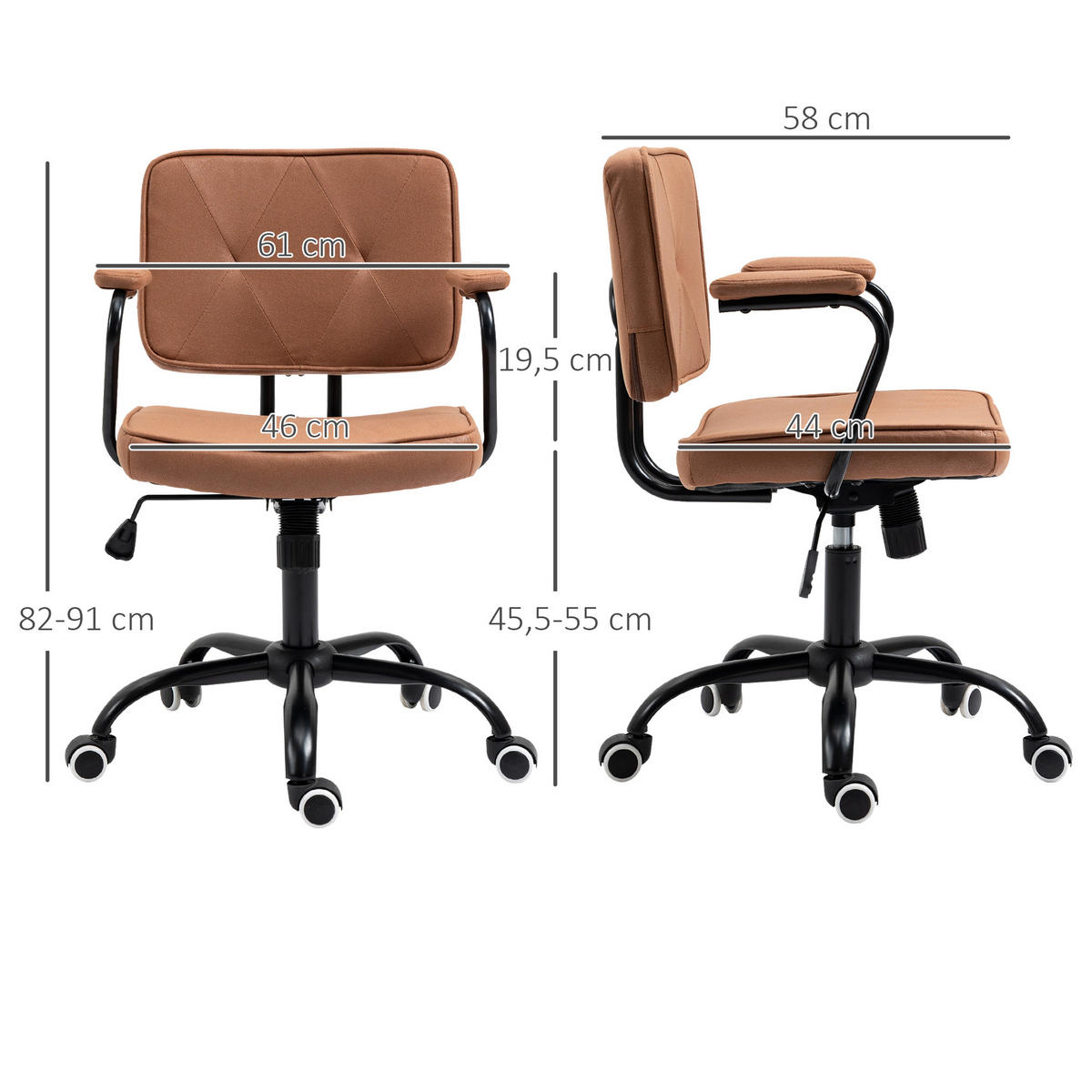 BÜROSTUHL mit Rollen, Drehstuhl, Braun - Braun, Metall (58/91/61cm) - Vinsetto
