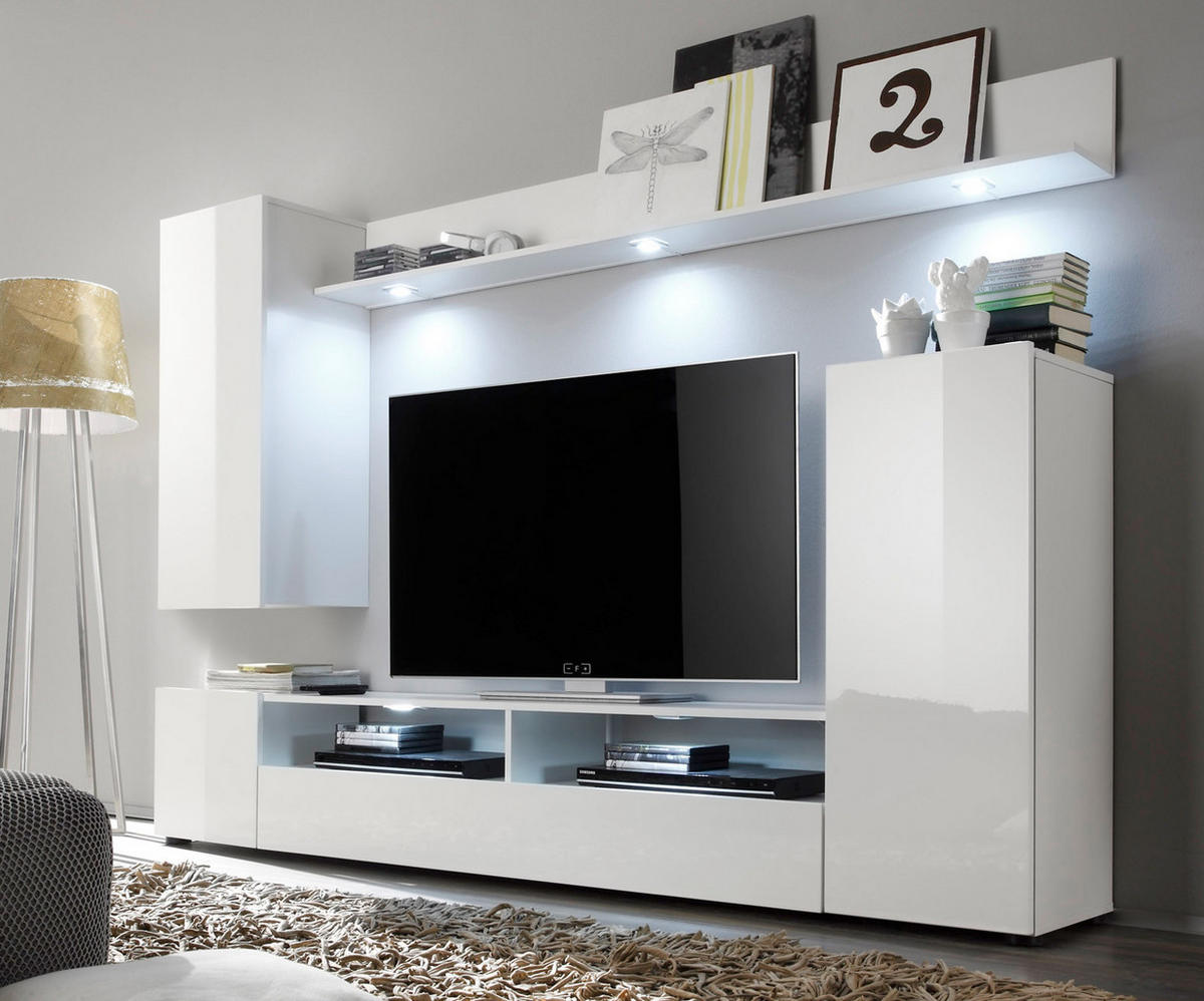 WOHNZIMMER: Wohnwand "Win" weiß Hochglanz (208 x 165 cm) 4-teilig - Weiß Hochglanz/Weiß, Holzwerkstoff (208/165/34cm) - Top.Furn