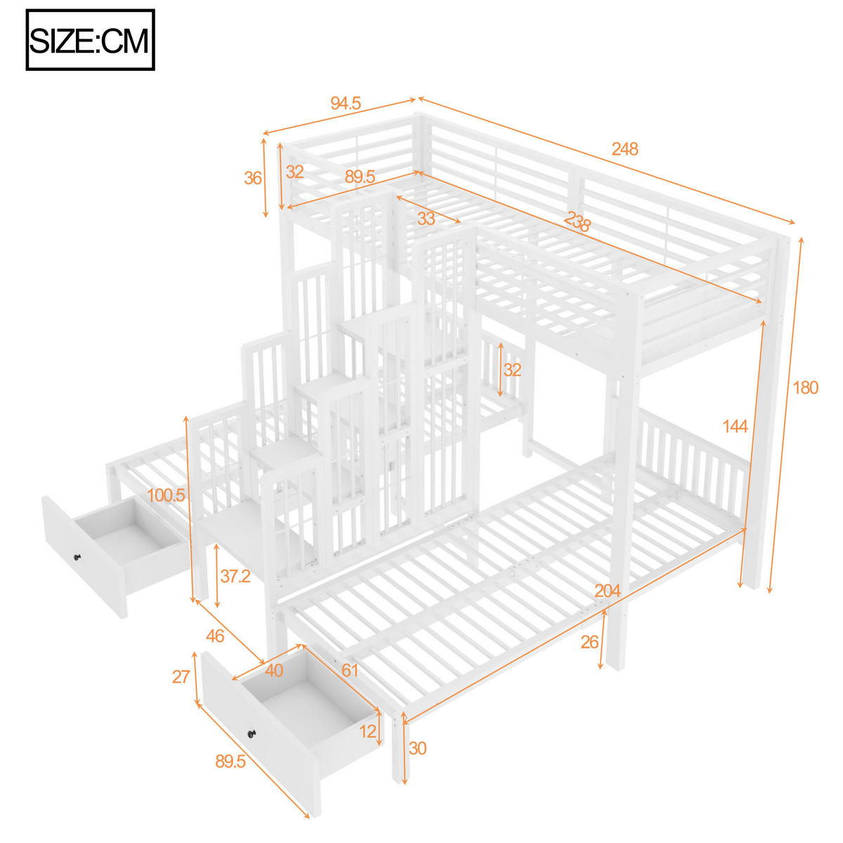 ETAGENBETT 90/200 cm mit Treppe und Schubladen, DE-41595, in Weiß - Weiß, Metall (90/200cm) - ComfortXL