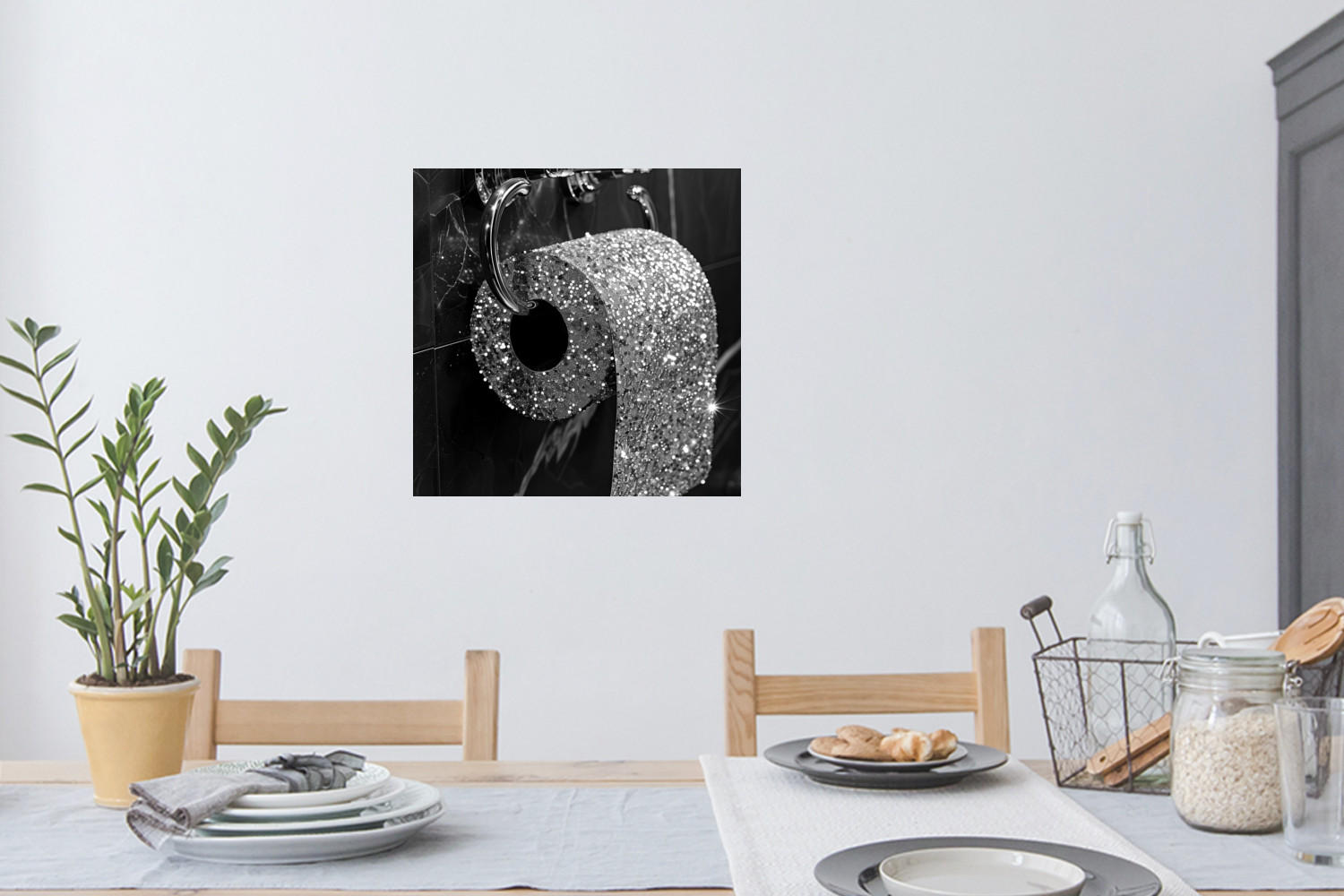 WANDTATTOO WC - Toilettenpapier - Schwarz und weiß - Glitter 50x50 cm - Silberfarben, Kunststoff (50/50/0.1cm) - MuchoWow