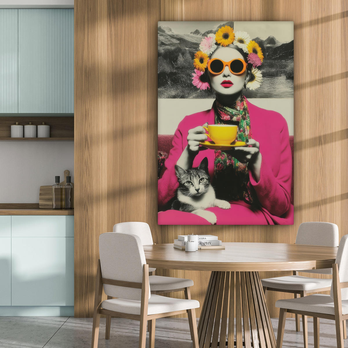 LEINWANDBILD Frau - Katze - Blumen - Tasse - Retro Deko Groß 90x140 cm - Magenta, Textil (90/140cm) - MuchoWow