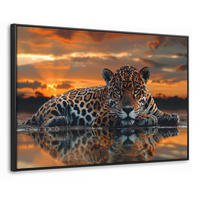 LEINWAND Bilder mit Rahmen - Natur - Leopard - Tier - Sonnenuntergang - Modern - 90x60 - Orange, Textil (90/60cm) - MuchoWow