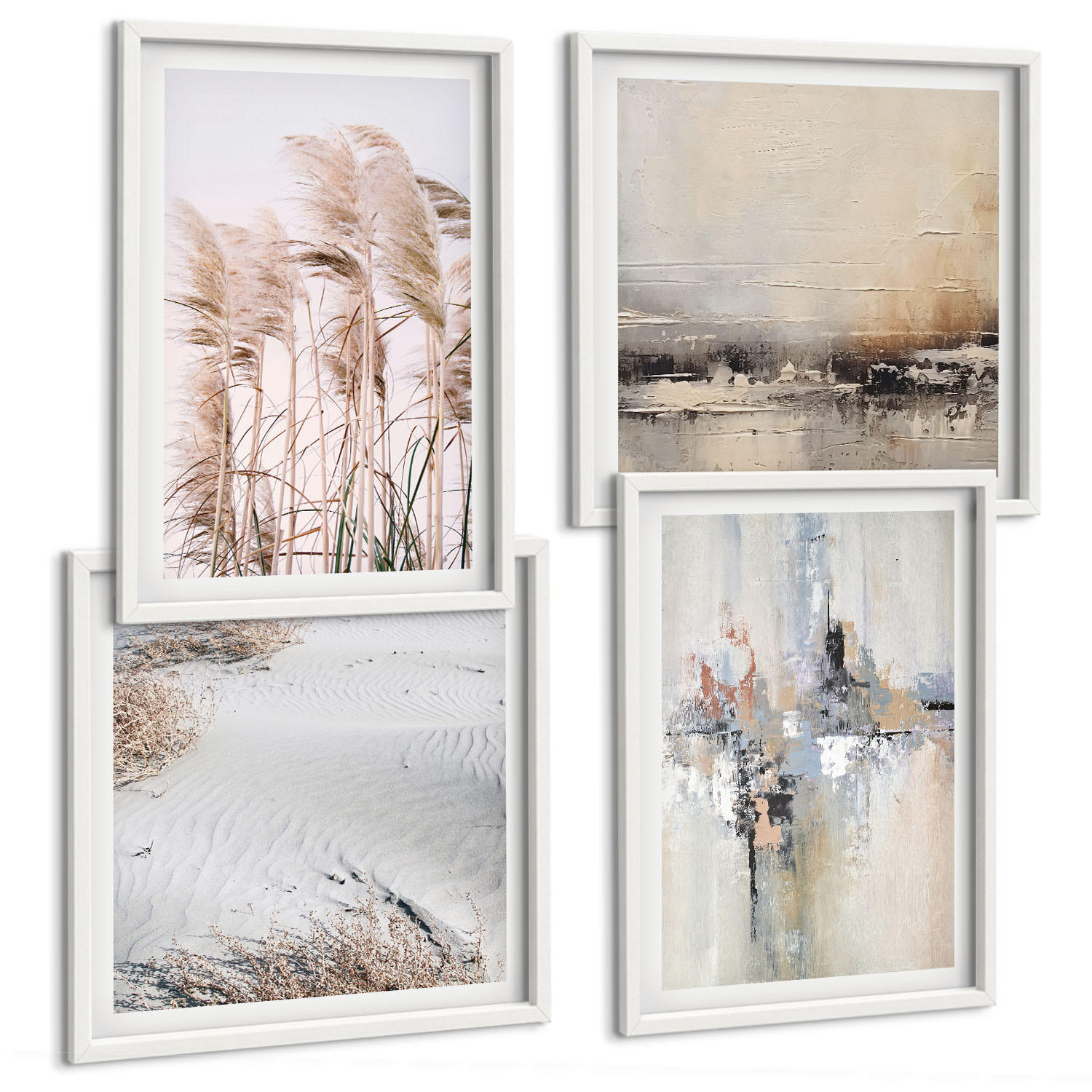 BILDER SET 4er Set - 50x50 cm & 40x60 cm Weißer Rahmen - Abstrakte Vegetationsmuster - Weiß, Kunststoff (50/50cm) - TULUP