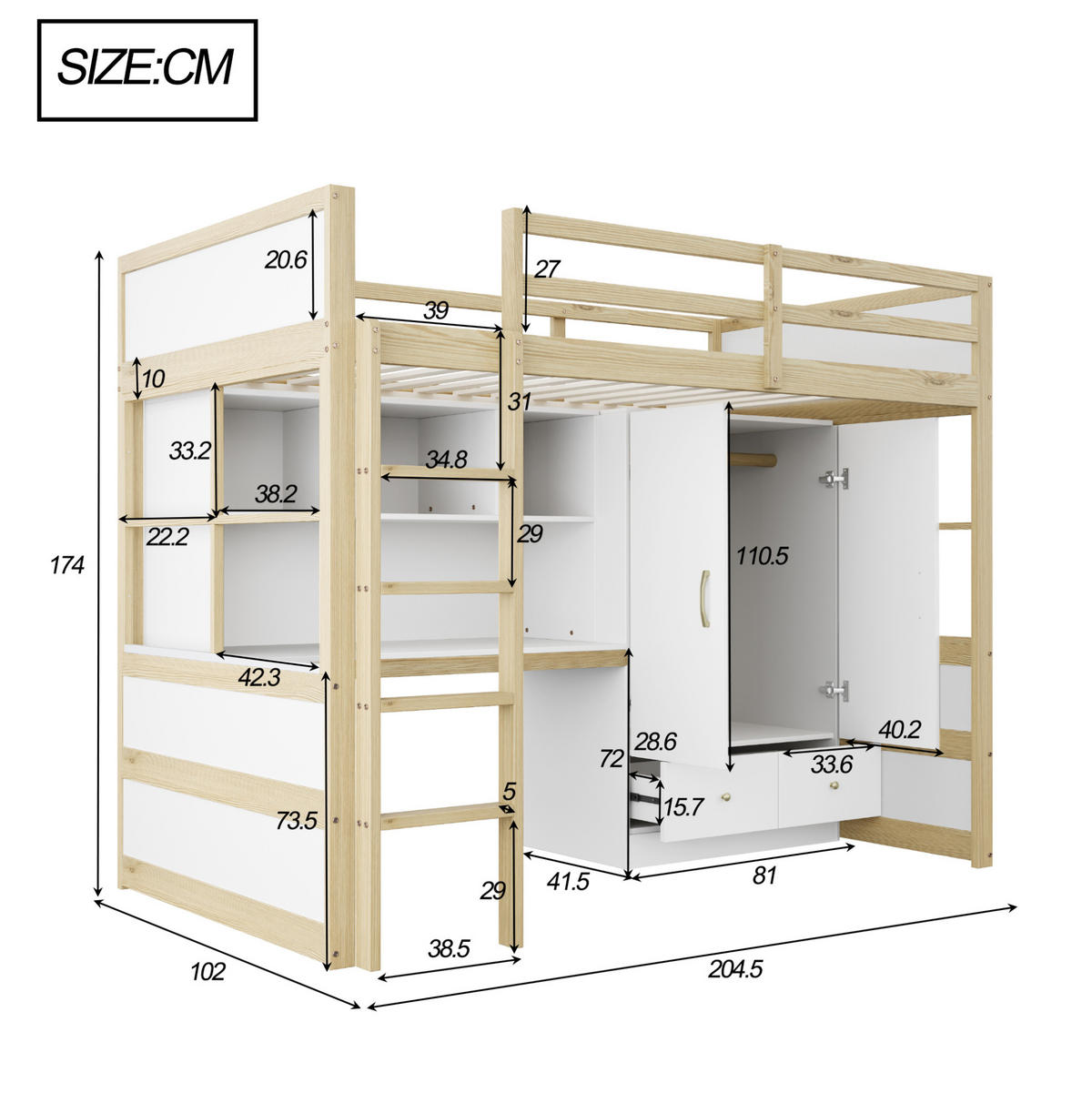 HOCHBETT 90/200 cm, Naturholzfarbe mit Schreibtisch und Kleiderschrank - Naturfarben, Holz (90/200cm) - MIVRAY